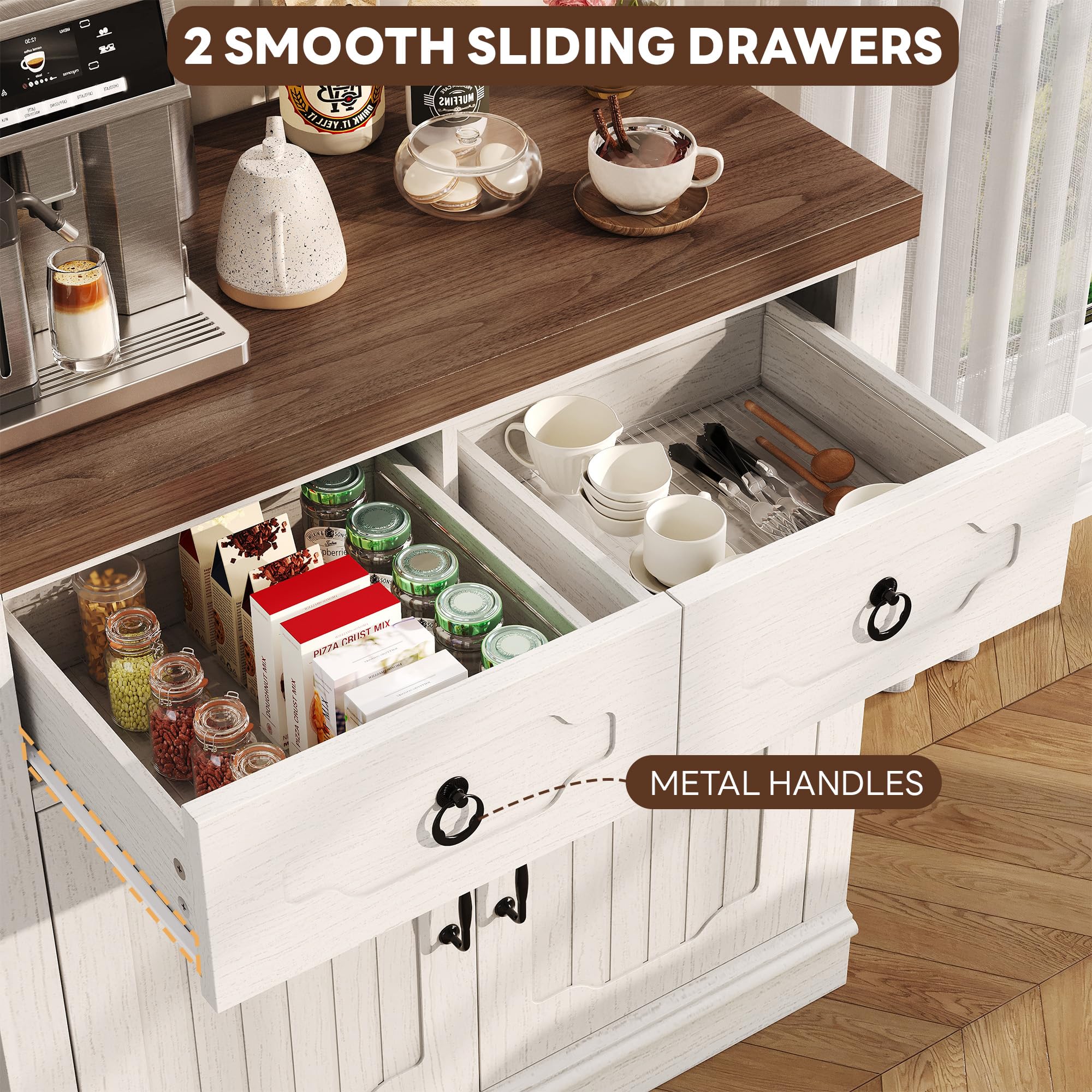 Rustic farmhouse storage cabinet in white and wood grain