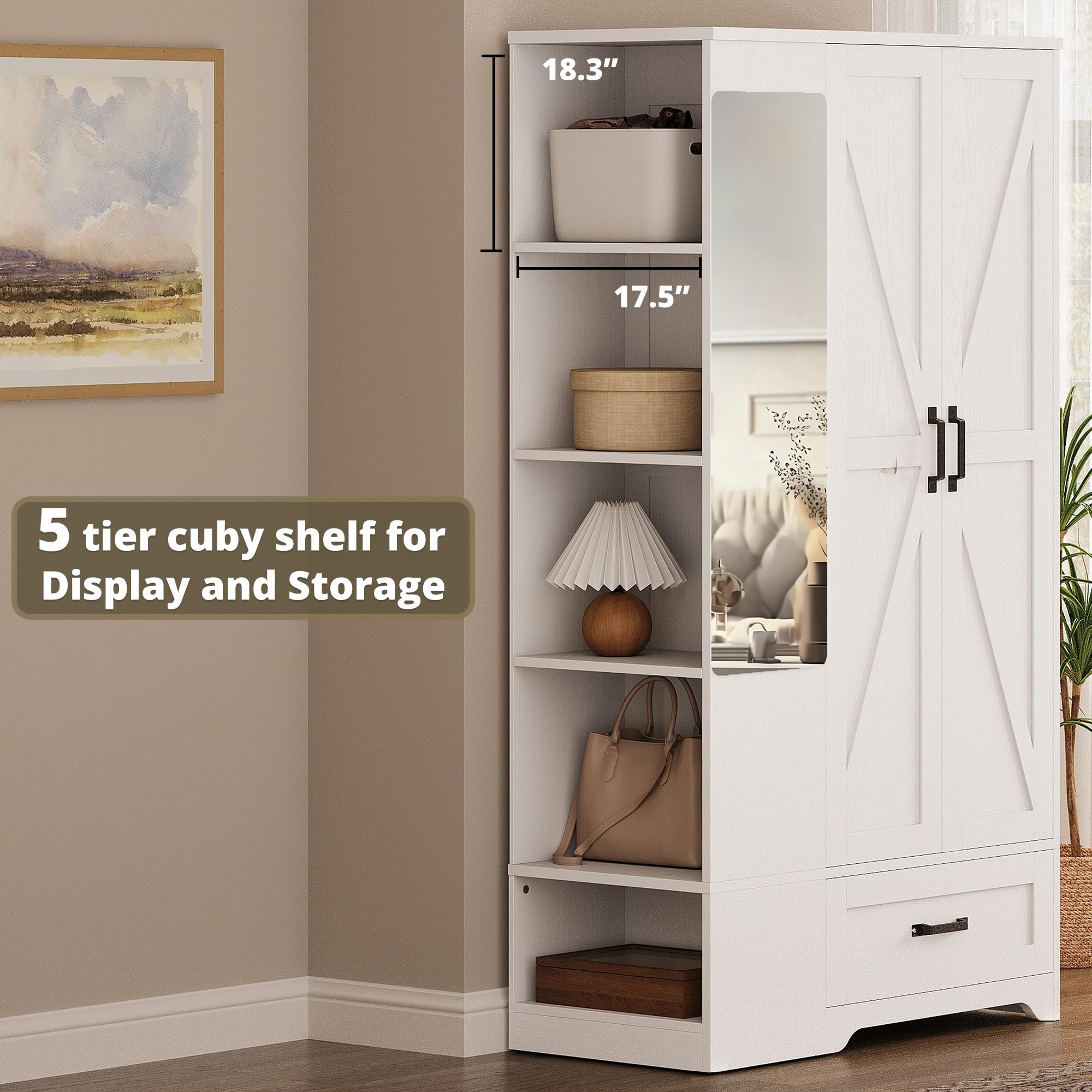 Five open side shelves in LIKIMIO closet