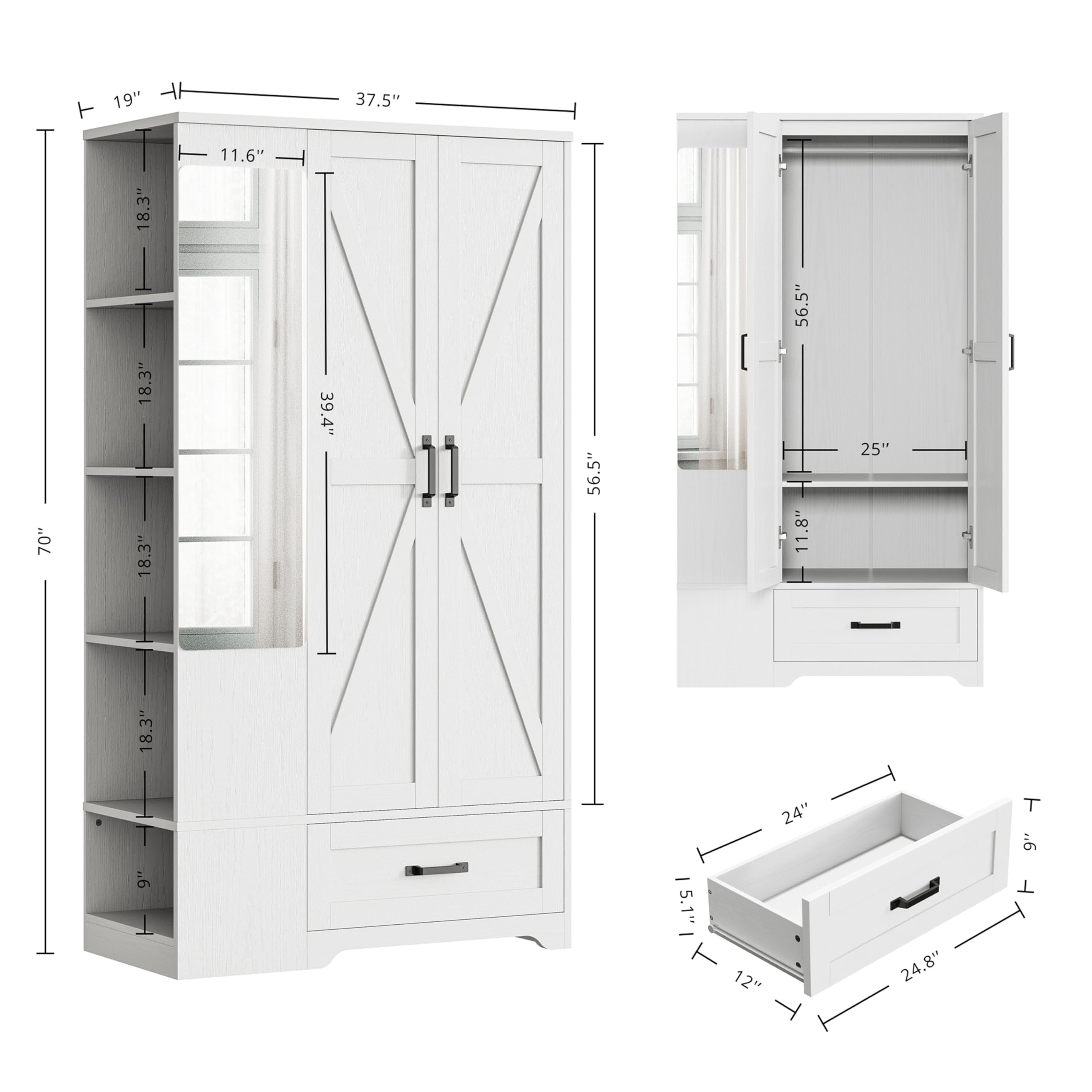 White freestanding LIKIMIO wardrobe with hanging rod