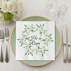 Greenish blue garland lilies design He is Risen napkins