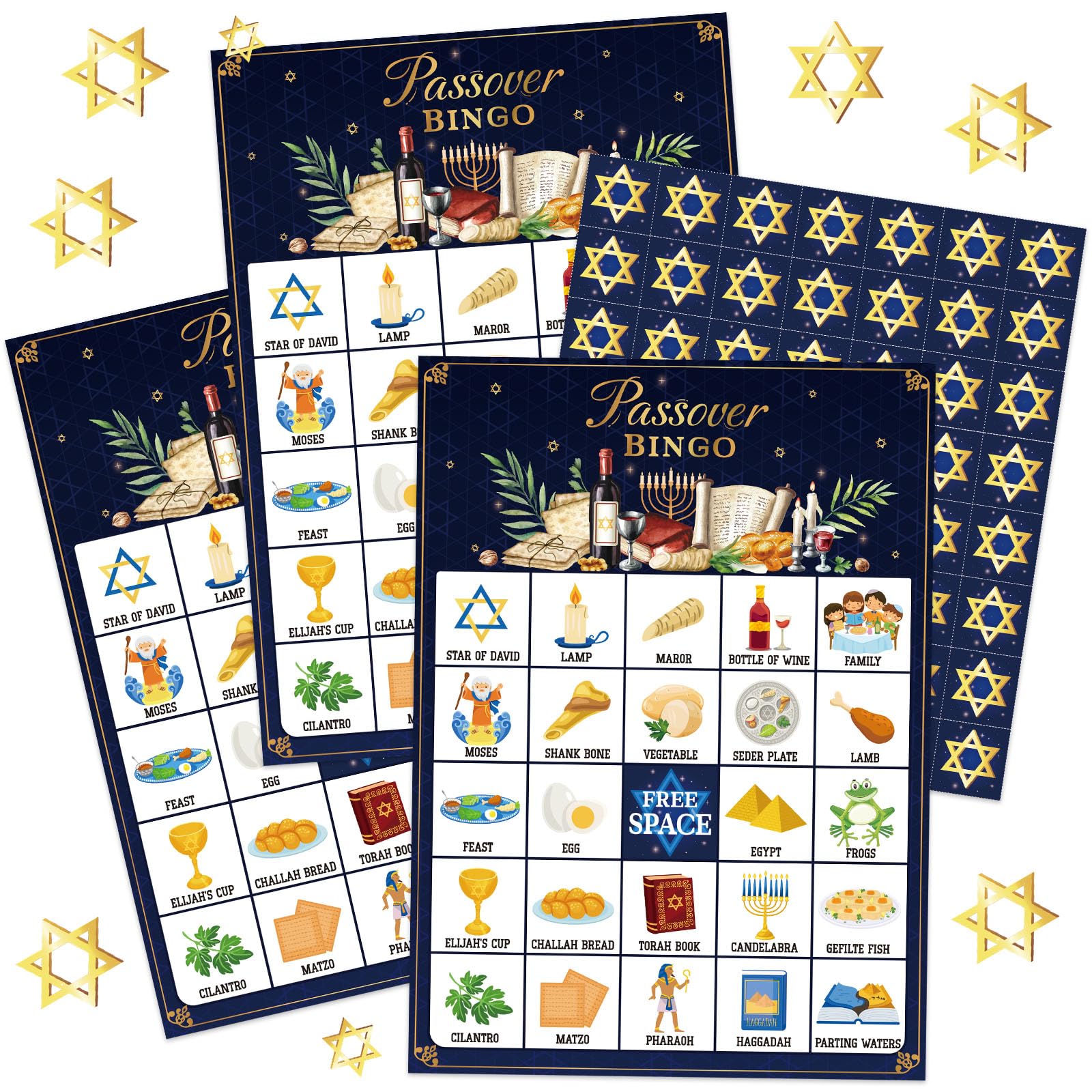 Liliful Passover Bingo Games 24 players set with Pesach cards