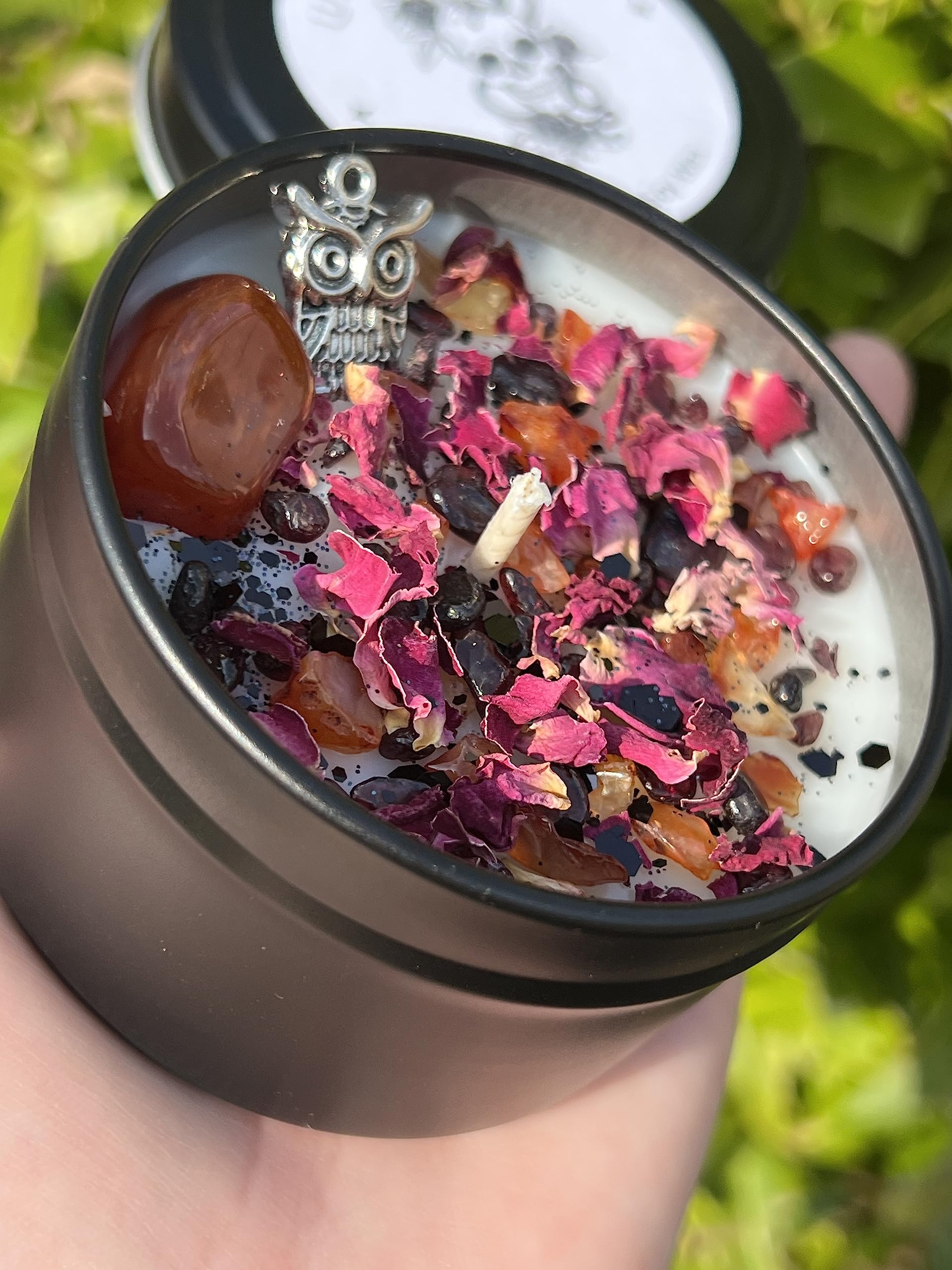 Lilith Candle rose petals carnelian garnet crystals and owl charm