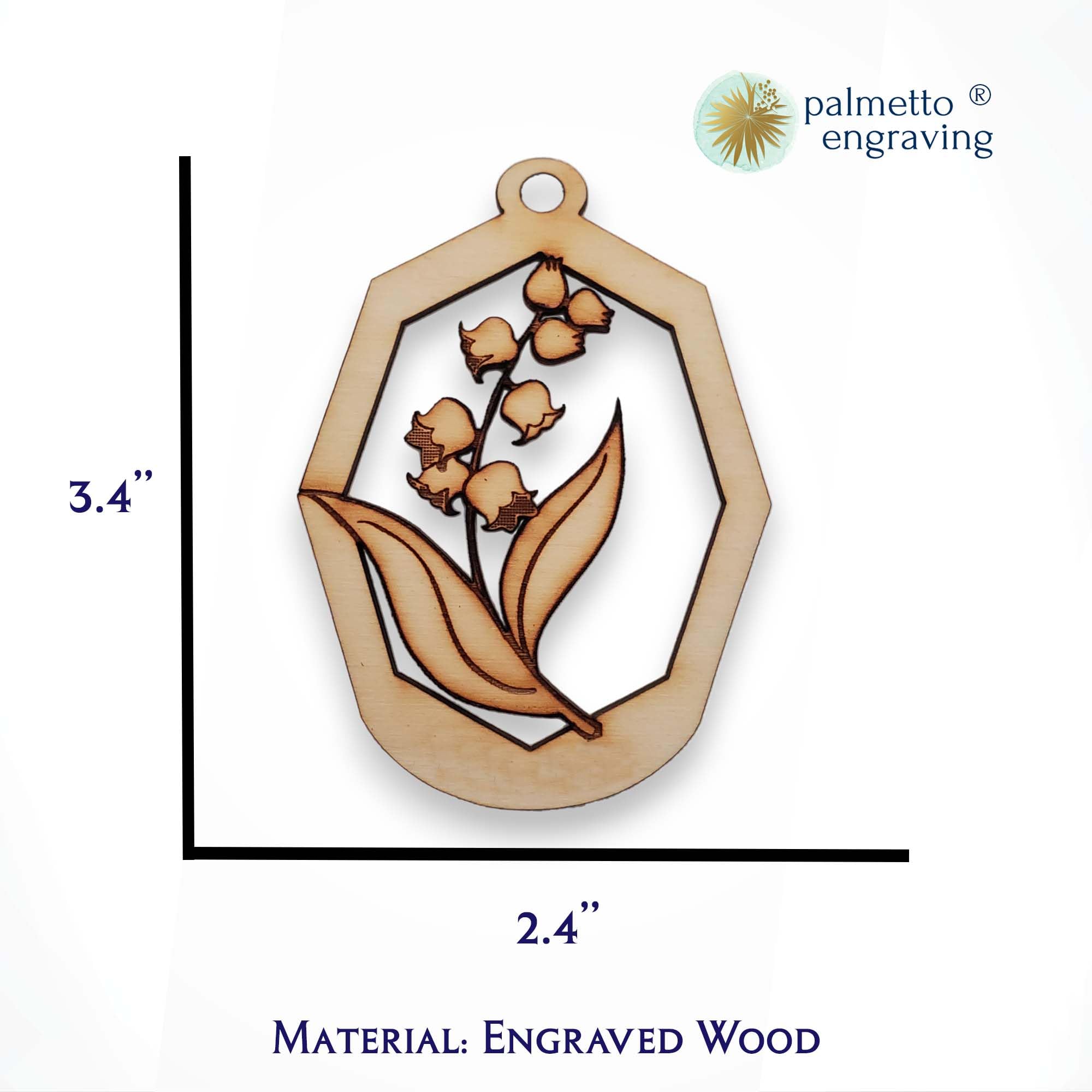 Engraved wooden Lily of the Valley ornament for weddings and gifts