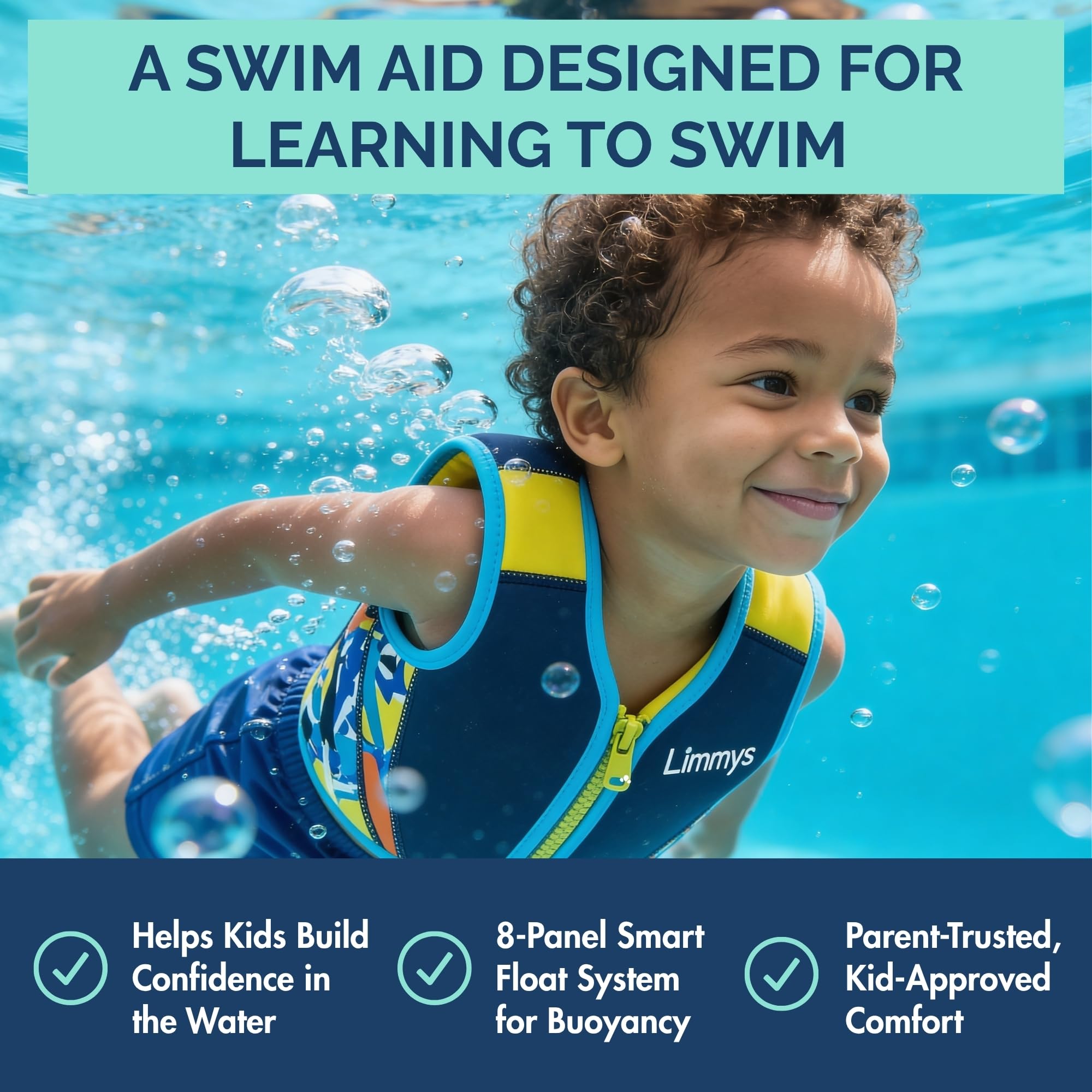 Limmys kids swim vest showing adjustable buoyancy panels