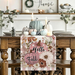 Pink plaid Thanksgiving decor table runner on dining table