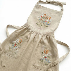 Linen apron hand embroidered floral design front view
