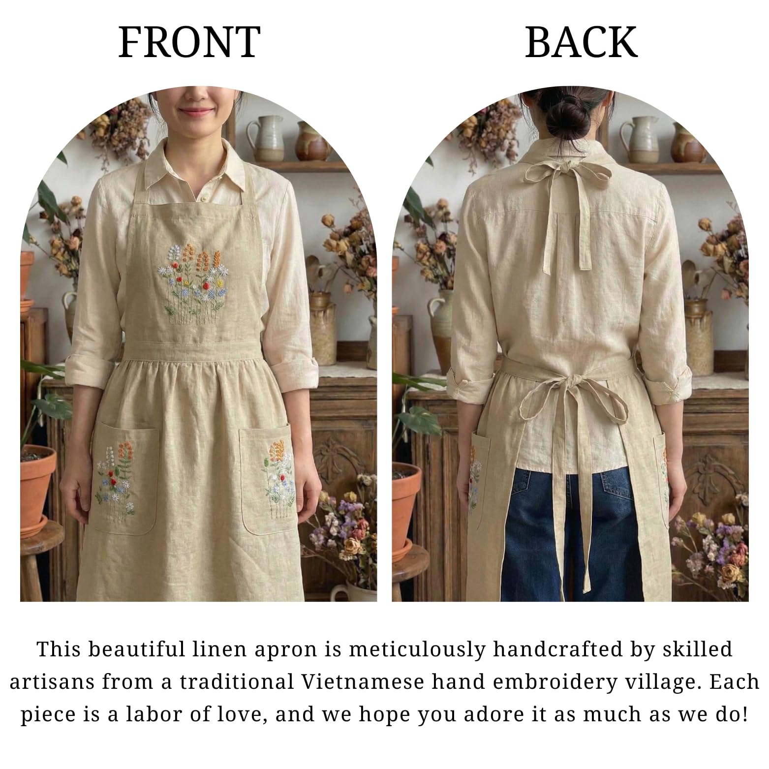 Linen apron two pockets for essentials