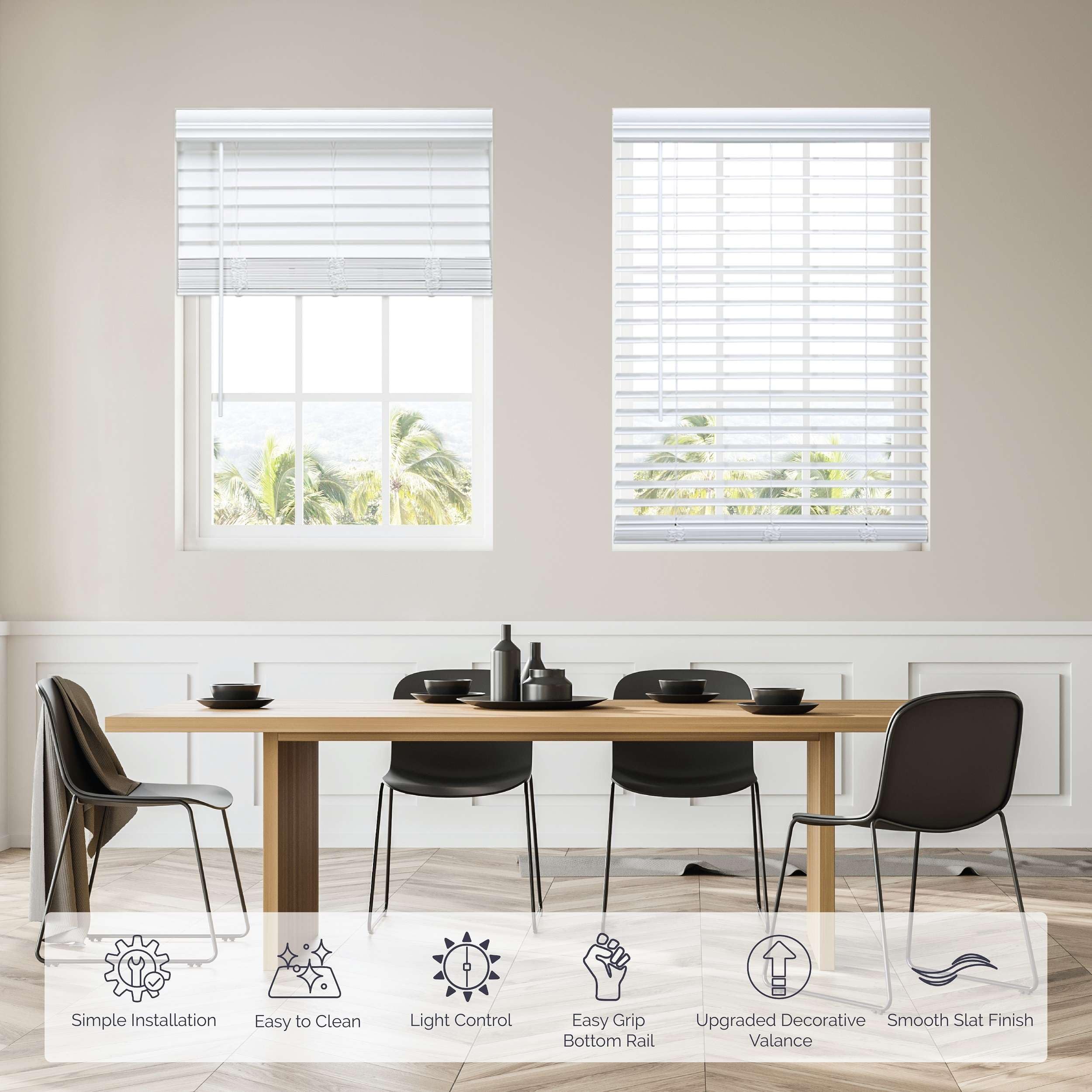 Cordless Linen Avenue faux wood blind white 2 inch slats close up