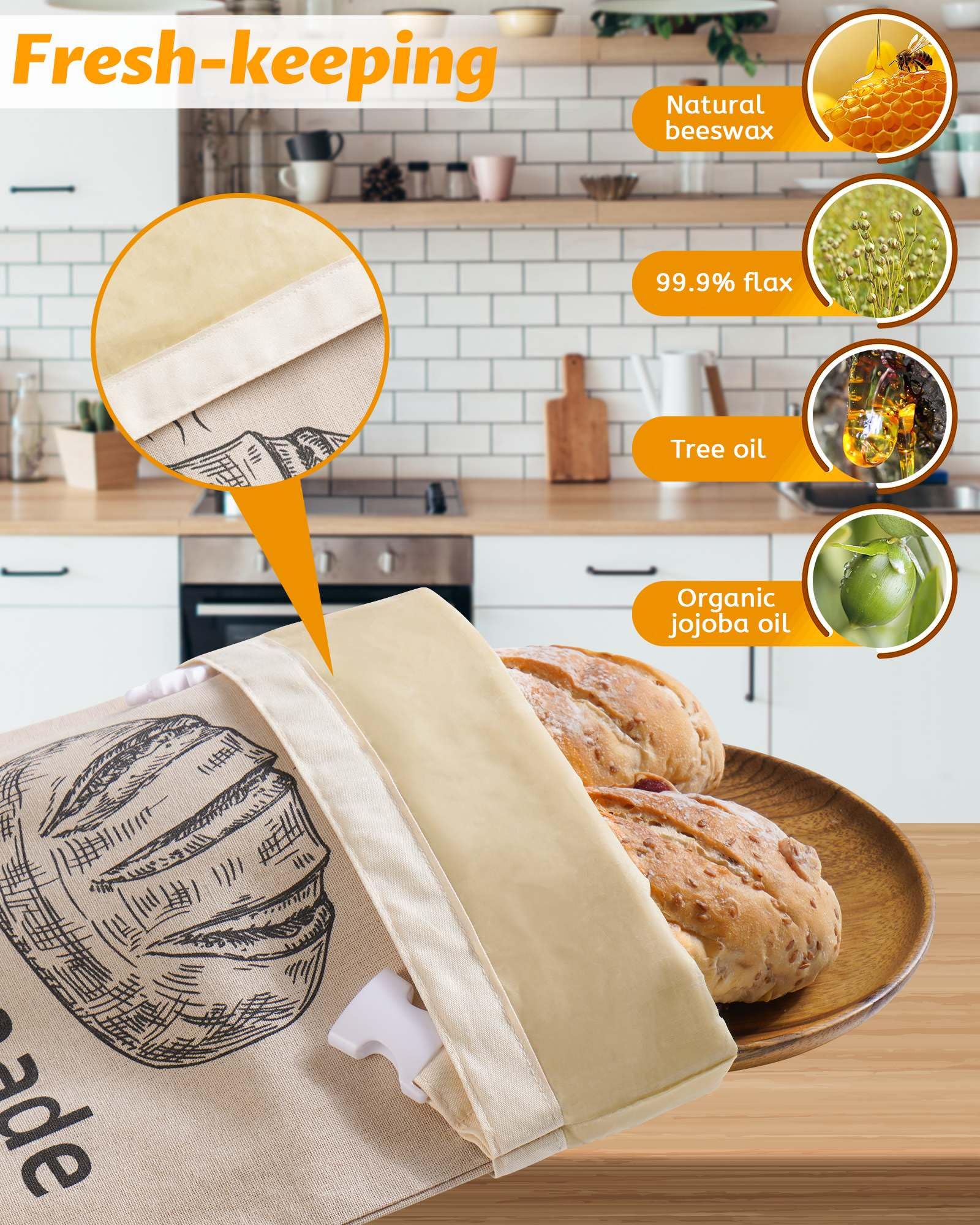 Linen beeswax bread bag for homemade sourdough bread 17x12.6 inches