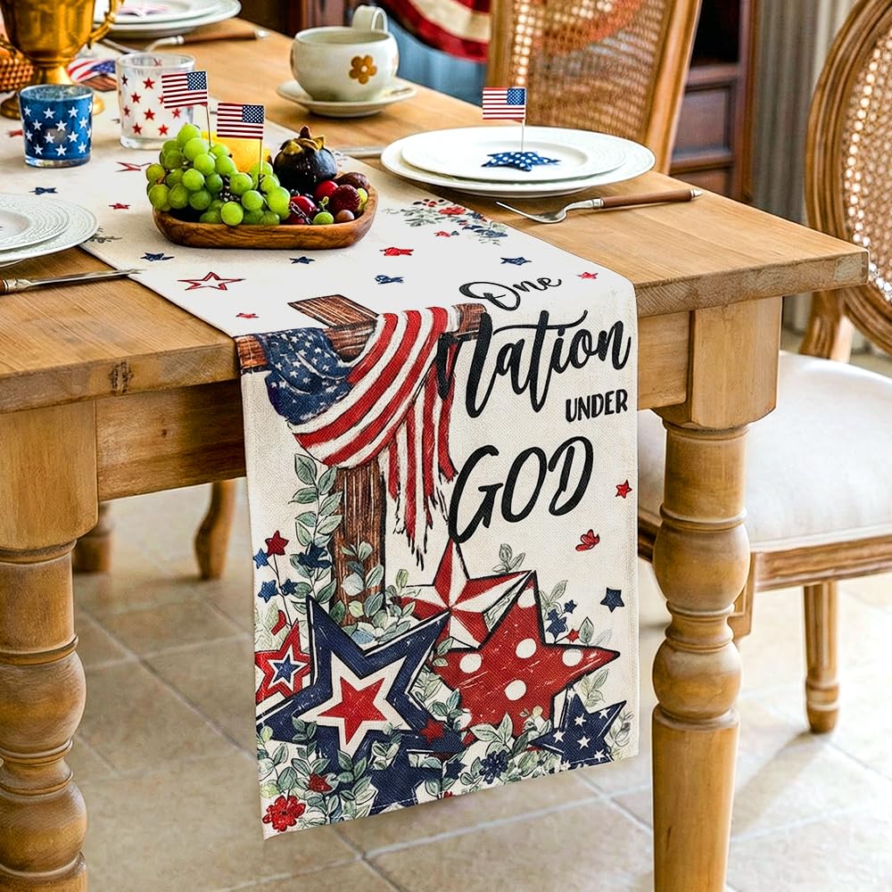Linen patriotic table runner suitable for farmhouse dining