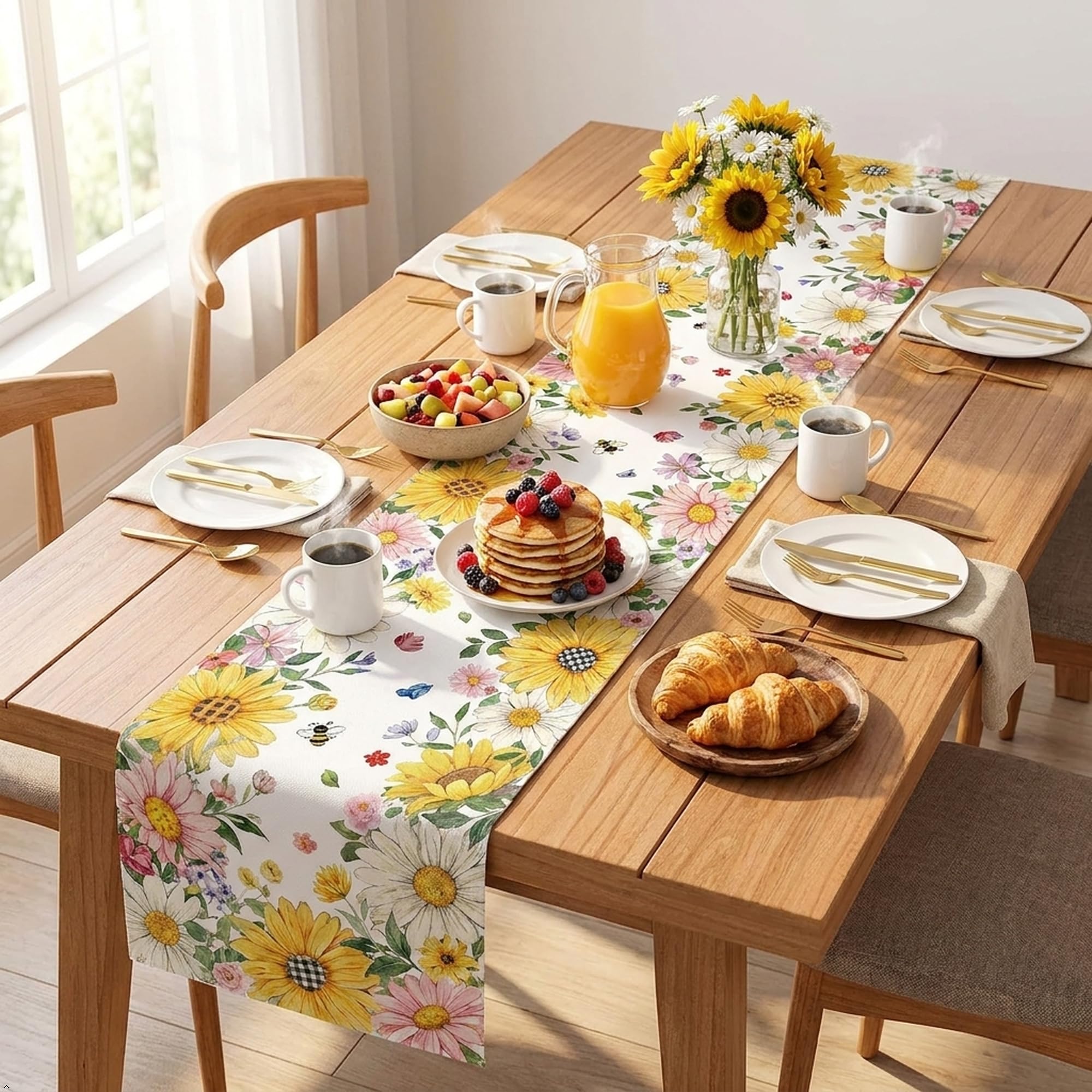 Sunflowers daisies and bee accents design on table runner