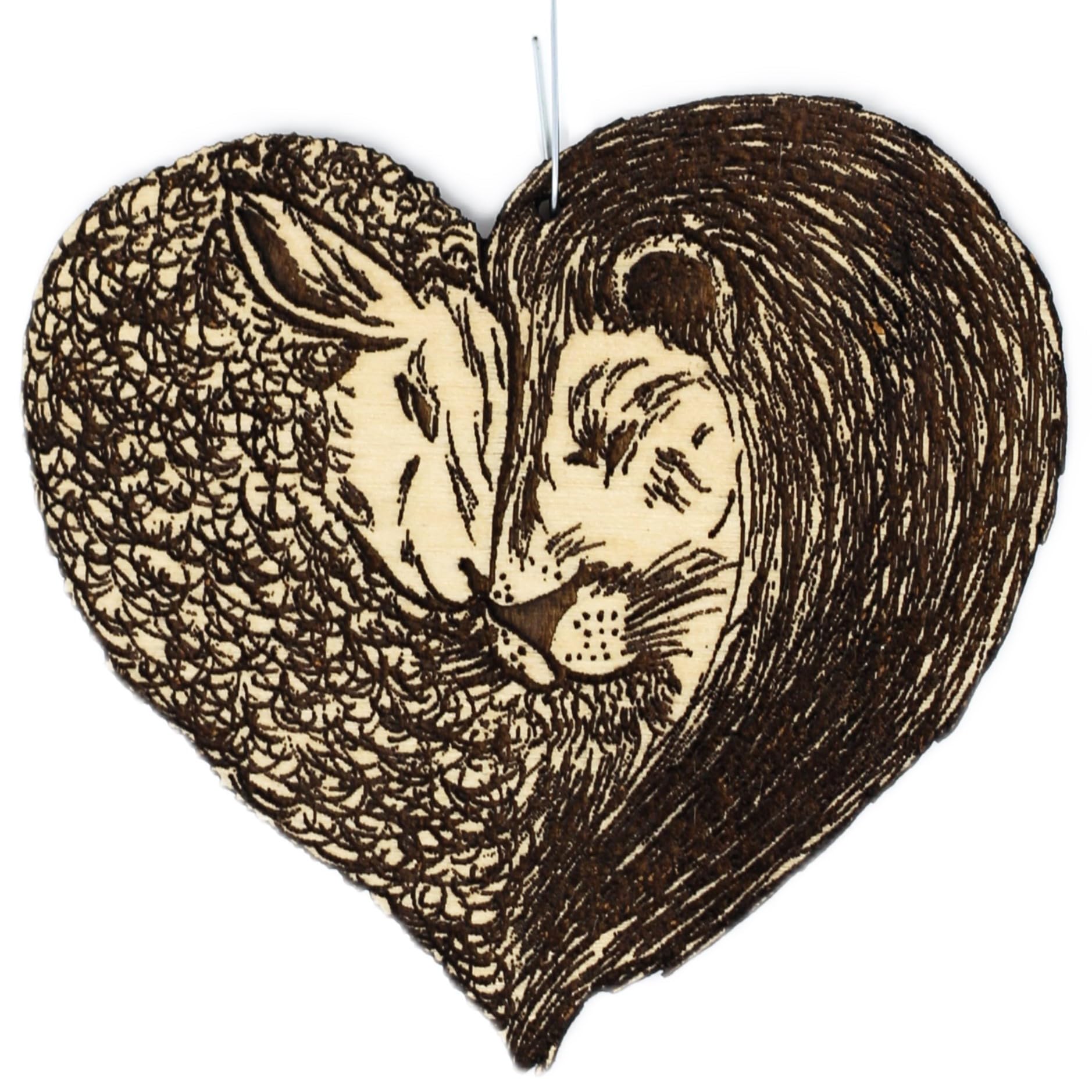 Lion and Lamb Heart Christmas Ornament made of birch wood