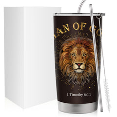 Lion of Faith design tumbler showing Man of God and 1 Timothy 6:11
