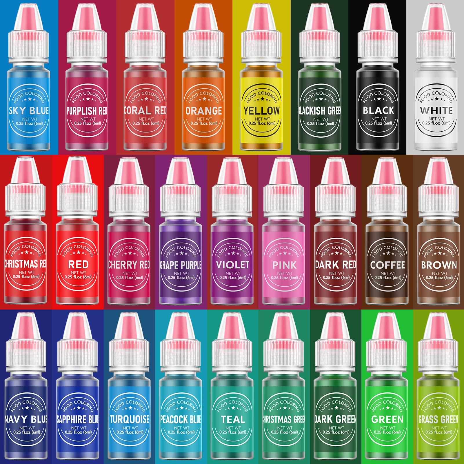 Liquid food coloring drops for icing fondant