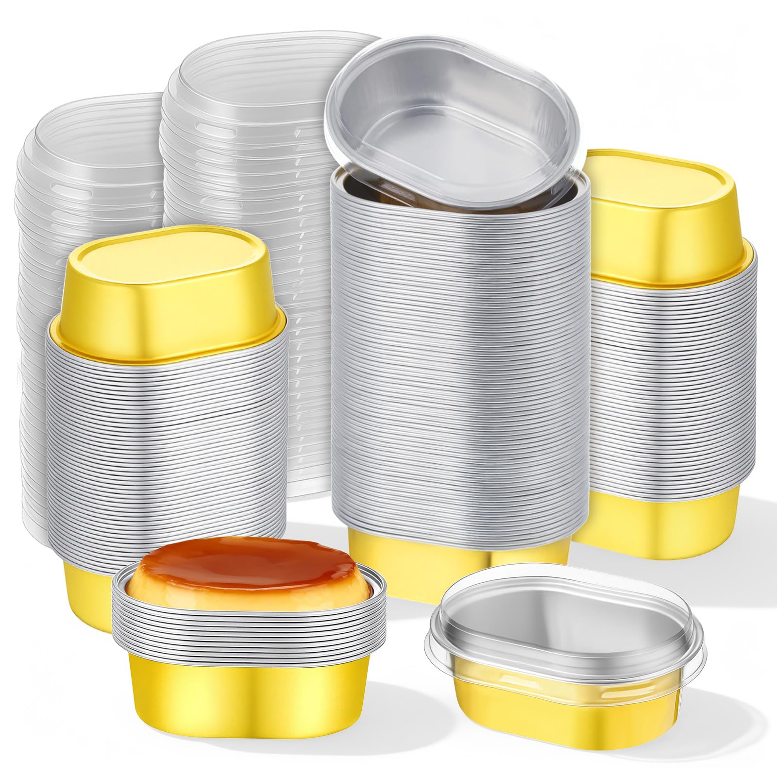 LIQWEI 150 pack mini aluminum baking cups with lids gold 3 x 2 x 1 inches