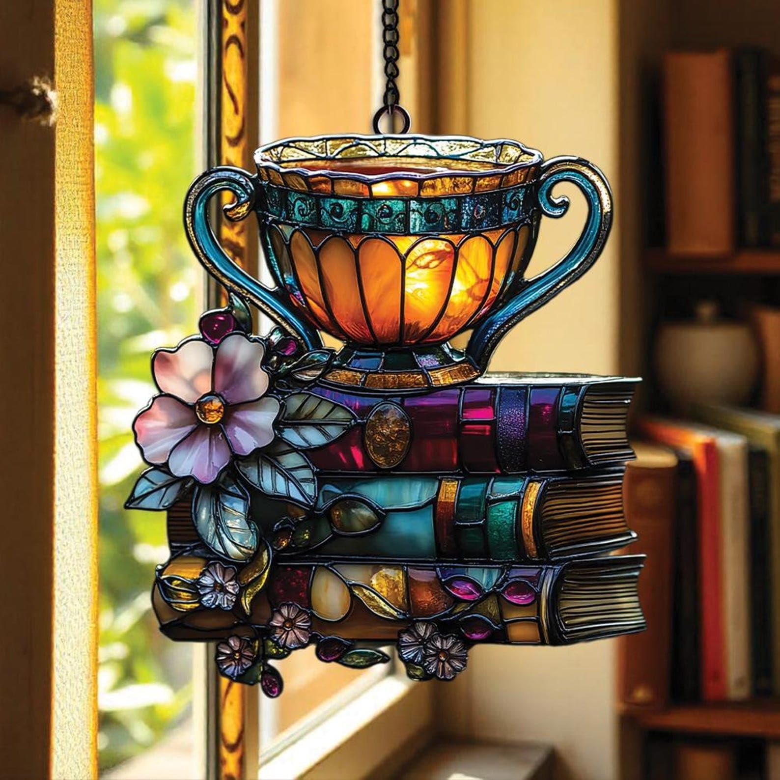 Literary decor ornament featuring floral book and teacup motif