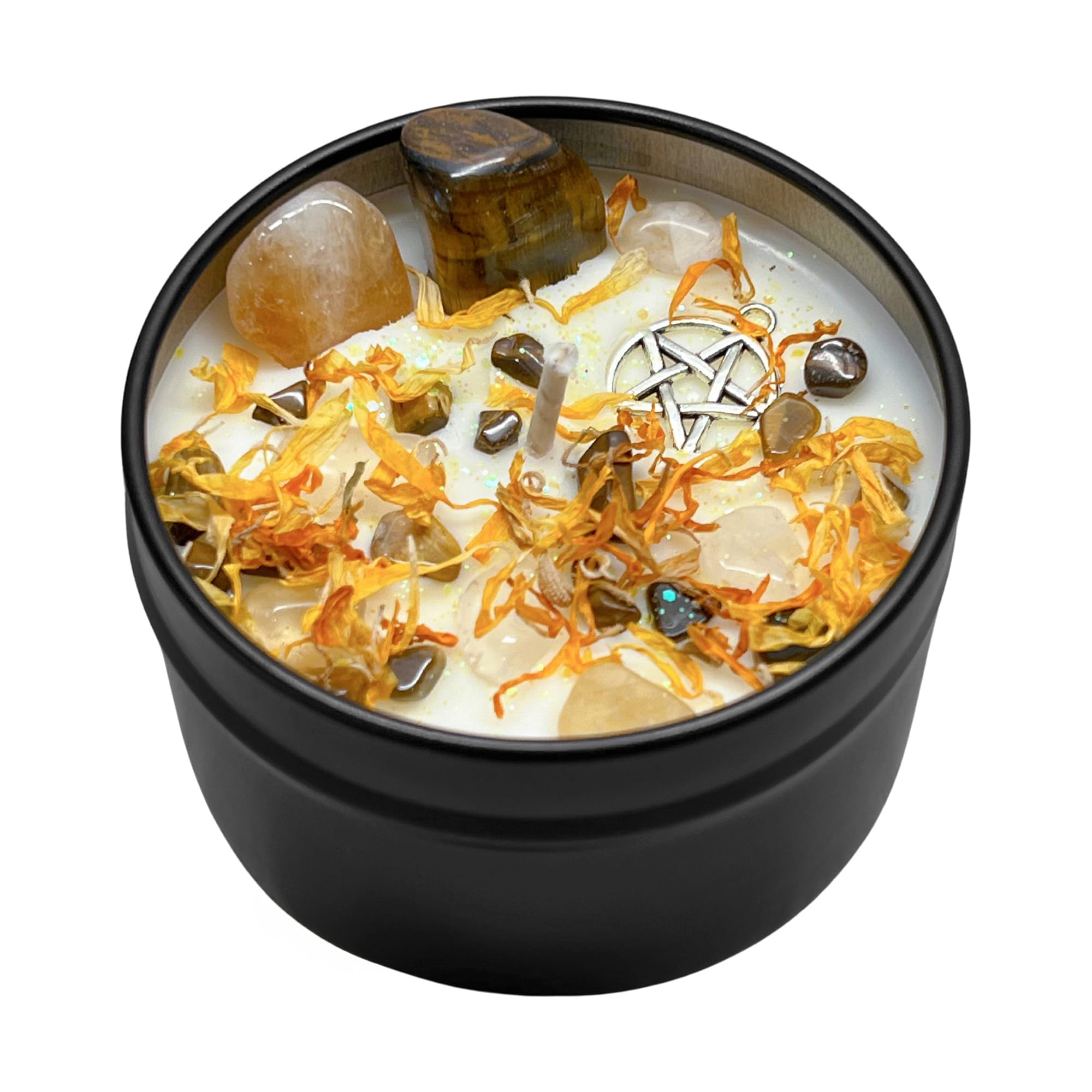 Litha Summer Solstice Candle with lid on altar displaying 6 oz soy wax