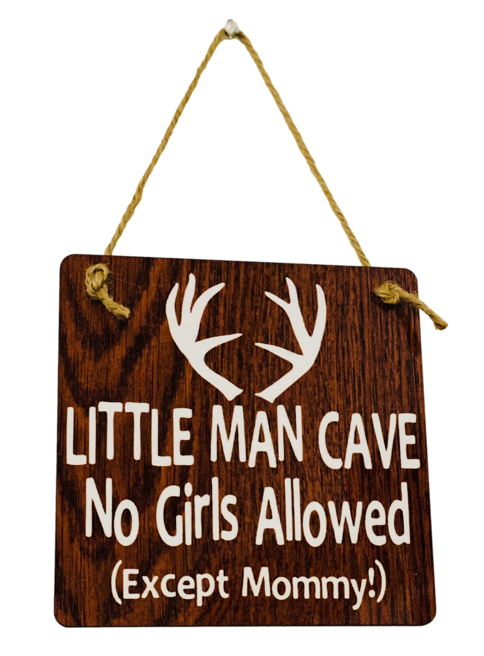 Little Man Cave No Girls Allowed Door Hanger antlers rustic brown wood decor for a boys room