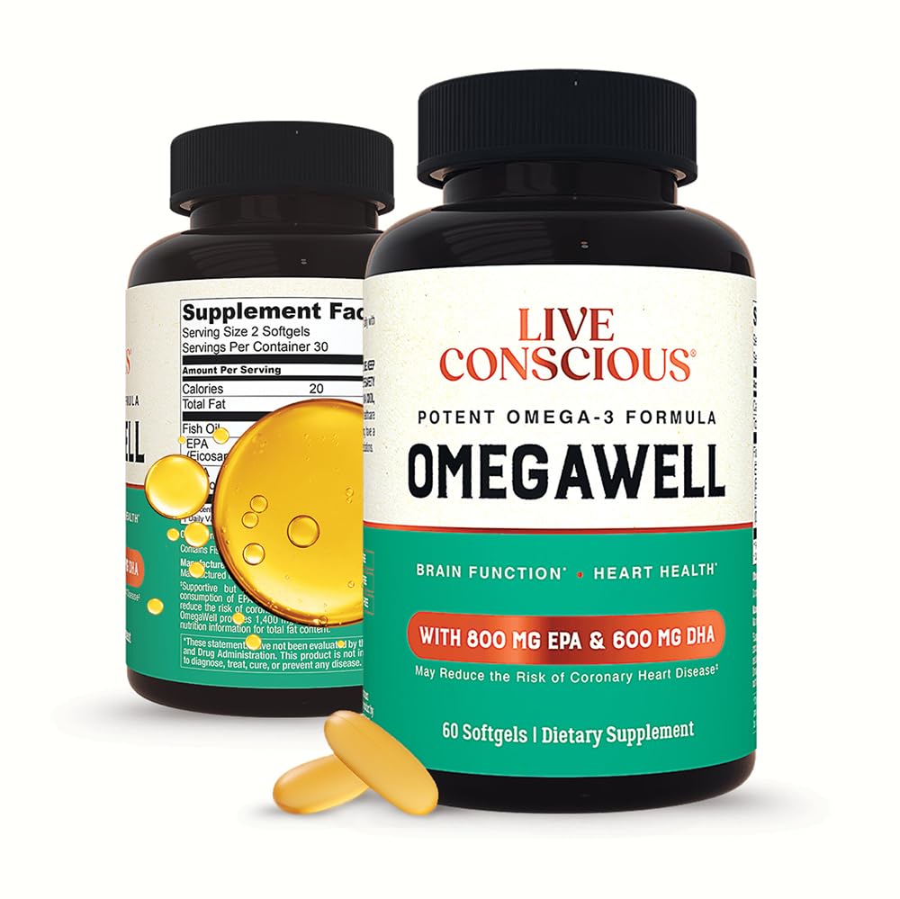 Live Conscious OmegaWell Omega 3 Fish Oil bottle with 60 burpless softgels