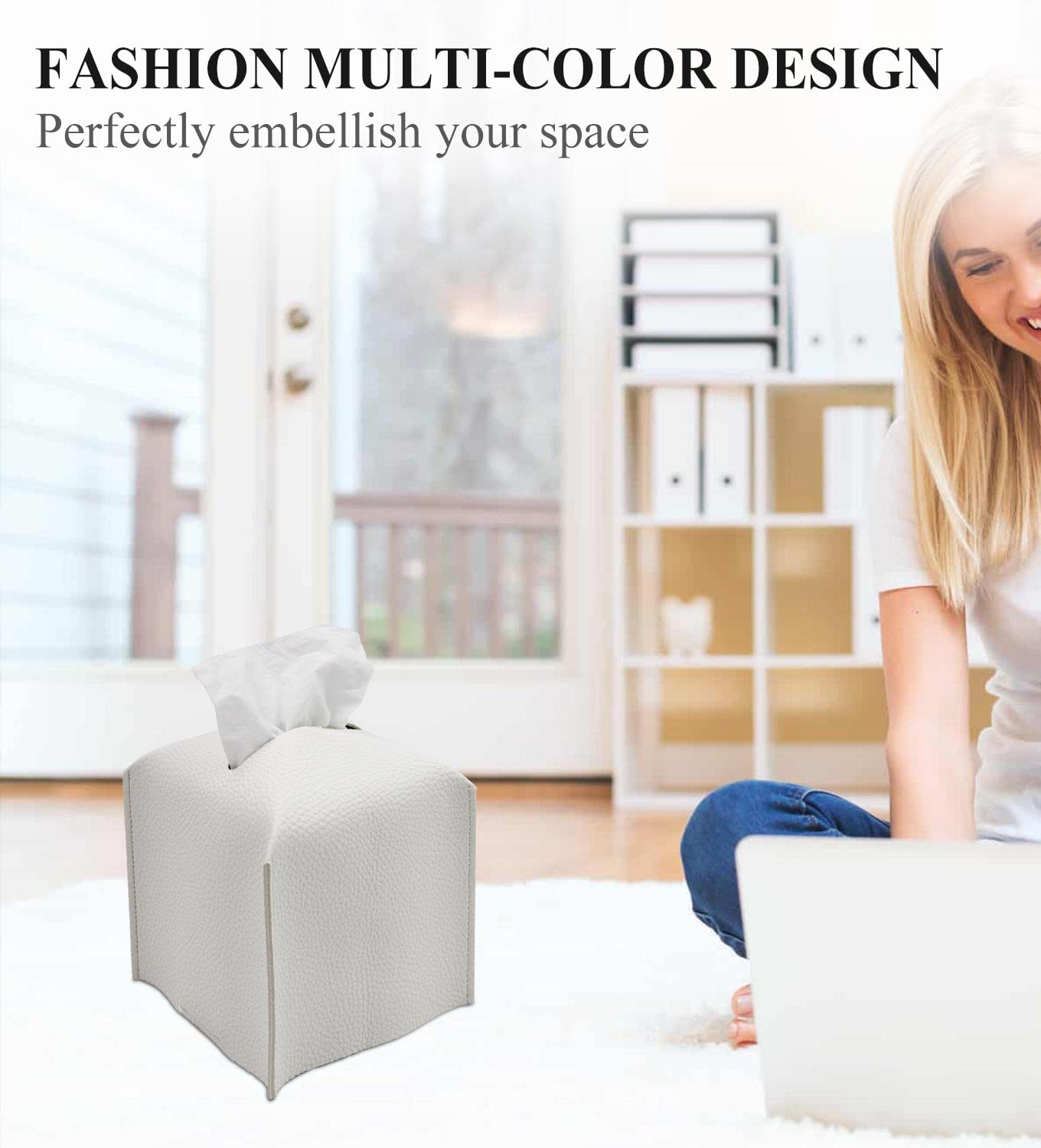 Off white PU leather tissue box holder for bathroom and desk