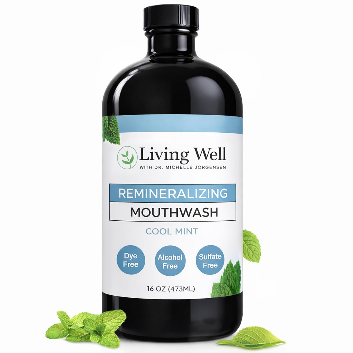 Living Well mouthwash bottle featuring Dr Michelle Remineralizing Cool Mint
