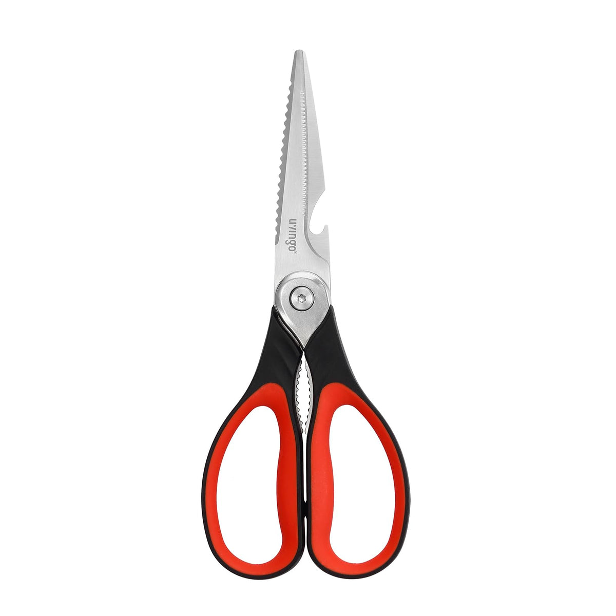 LIVINGO 8.5 inch kitchen scissors serrated blades black and red handle