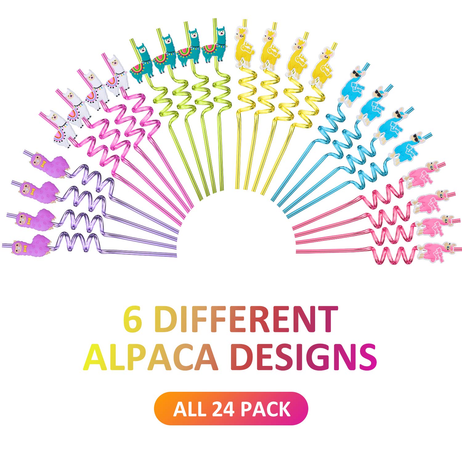 pack of 24 llama straws with cleaning brushes for birthdays