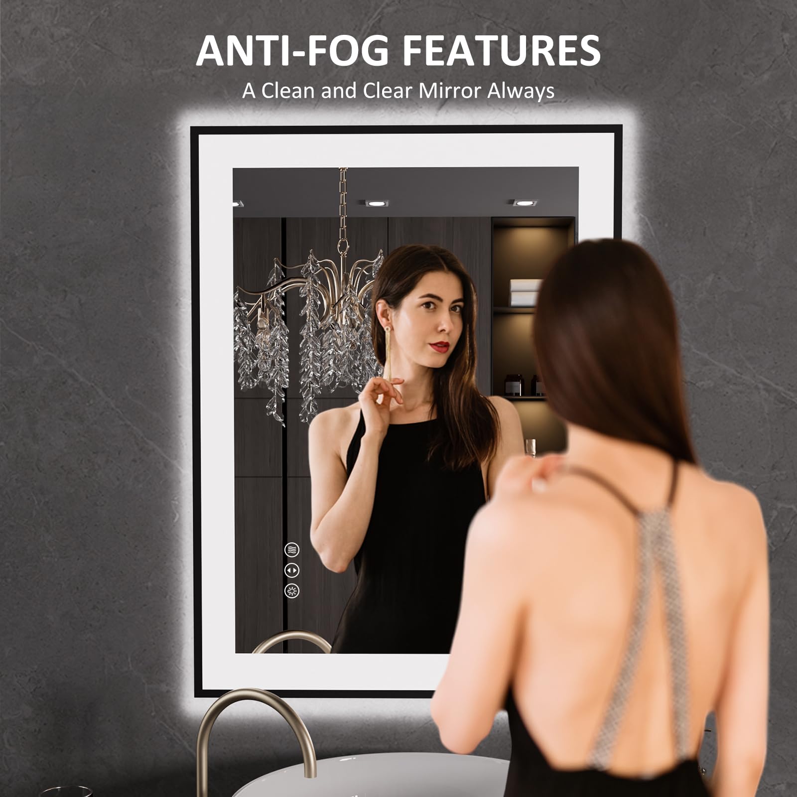 LOAAO 24x32 inch LED bathroom mirror black framed detail