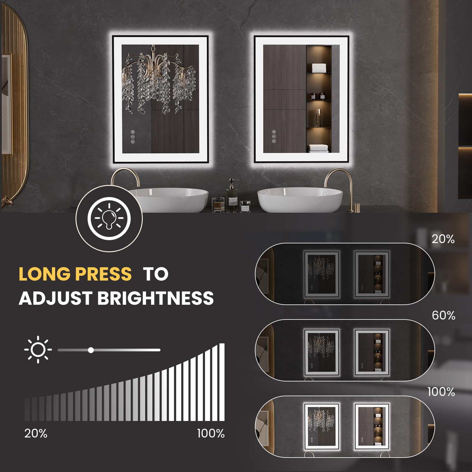 LOAAO tempered 5 mm glass LED bathroom mirror with black frame