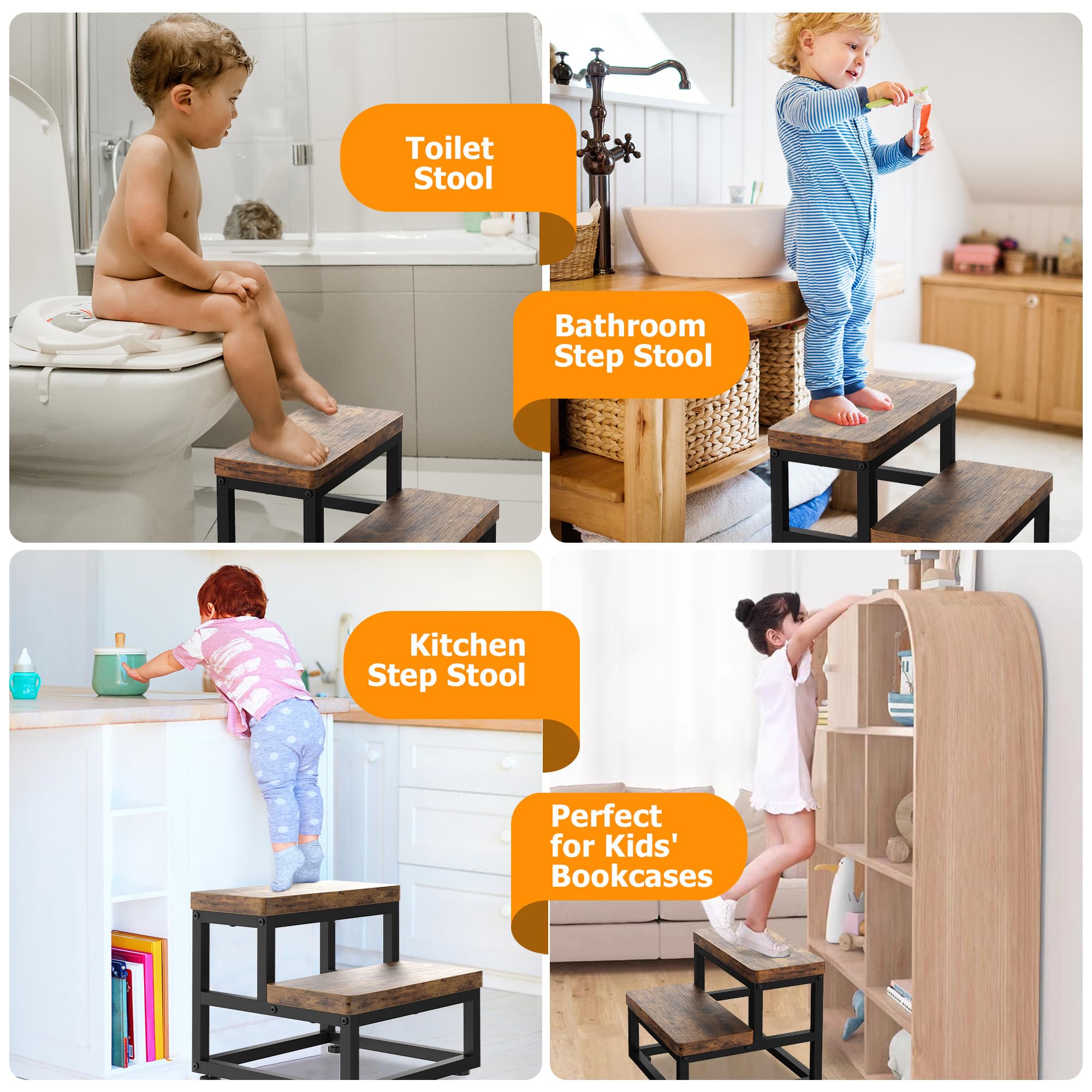 Indoor outdoor use wooden step stool in kitchen and bed area