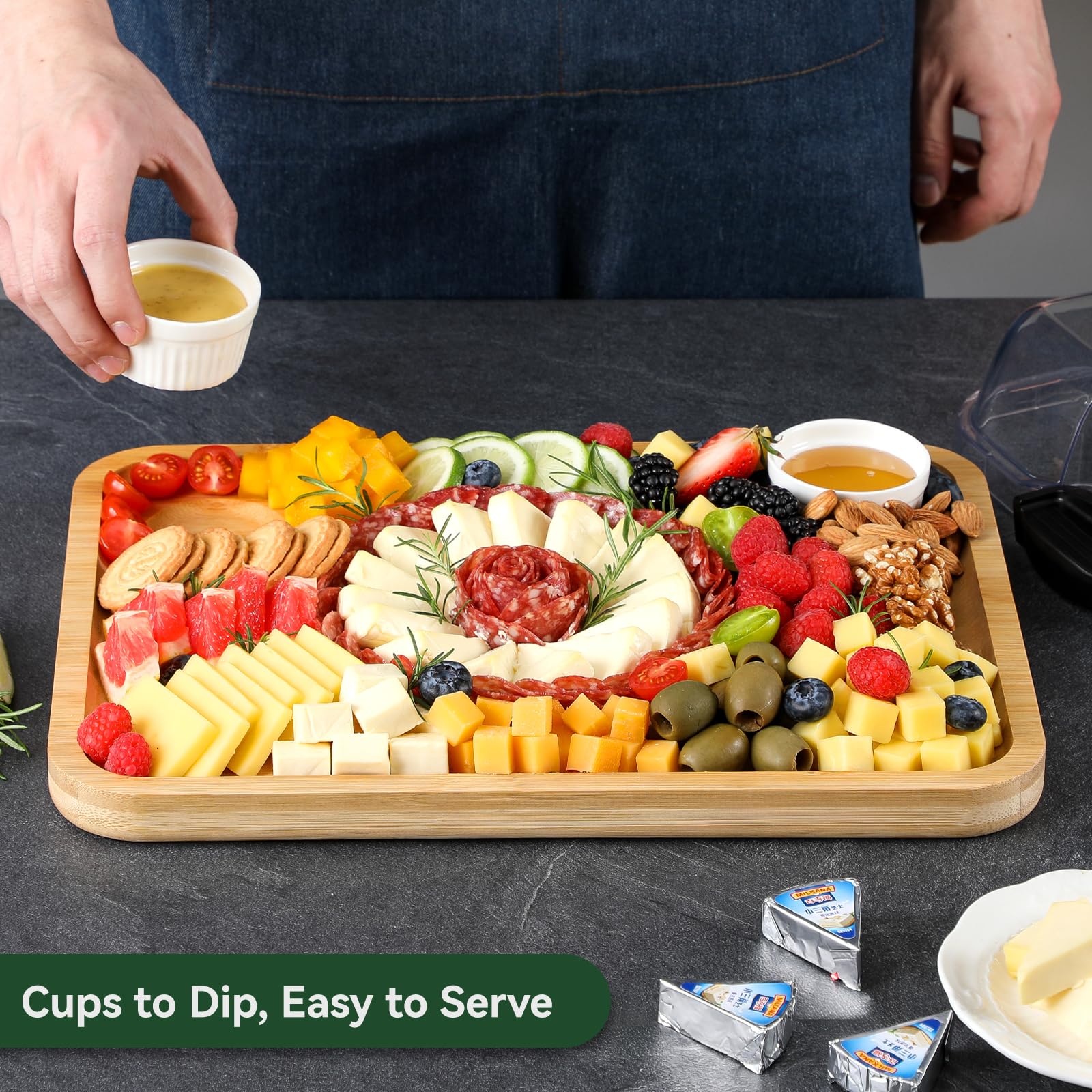 Two dip cups included for sauces on board