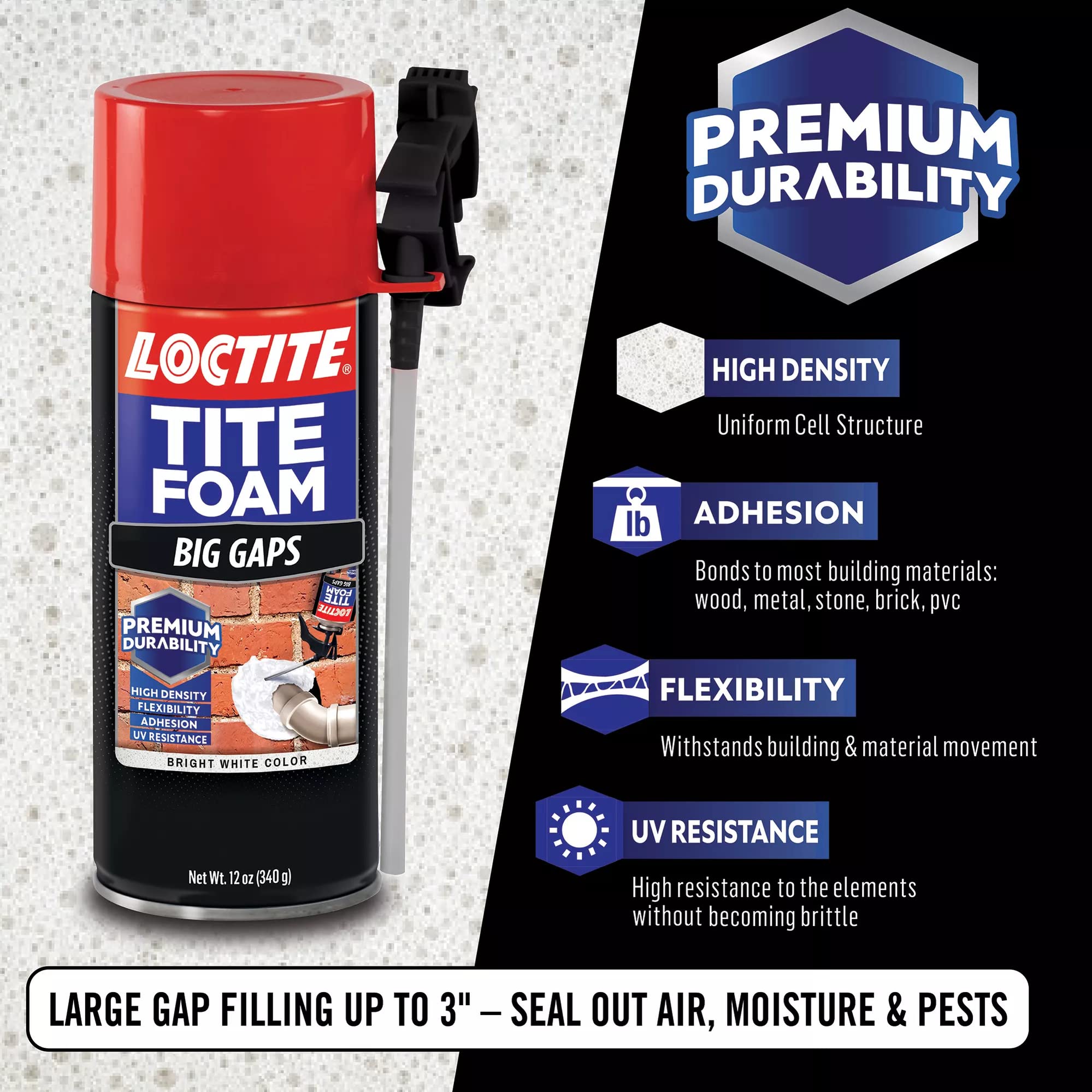 Foam expands to fill gaps up to 3 inches