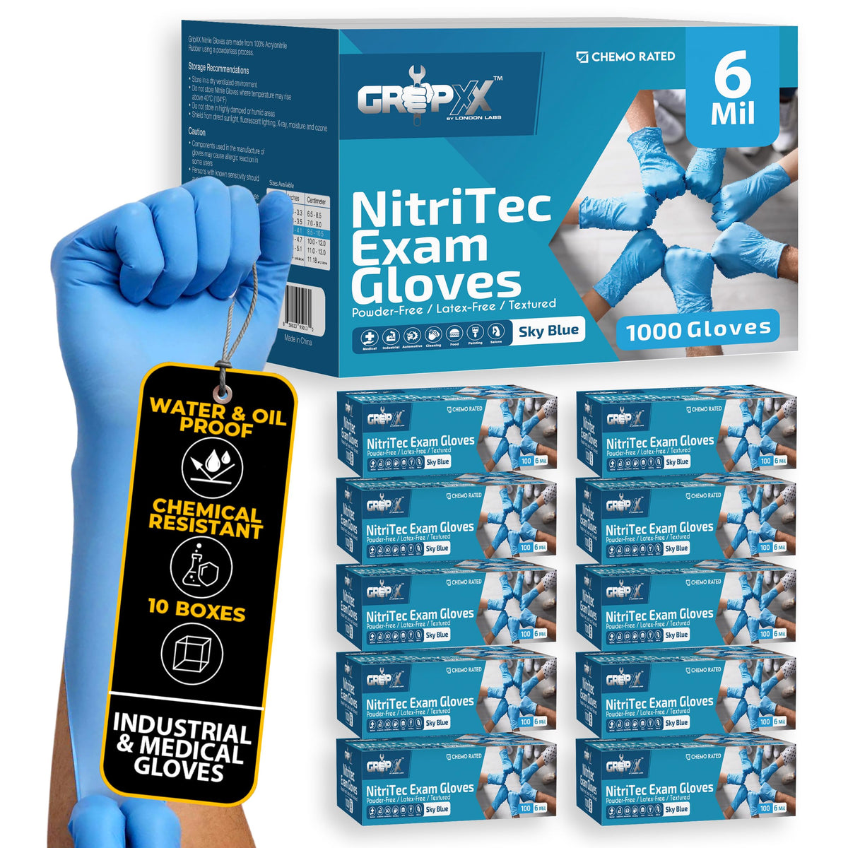 London Labs heavy duty 6 mil blue nitrile gloves bulk pack