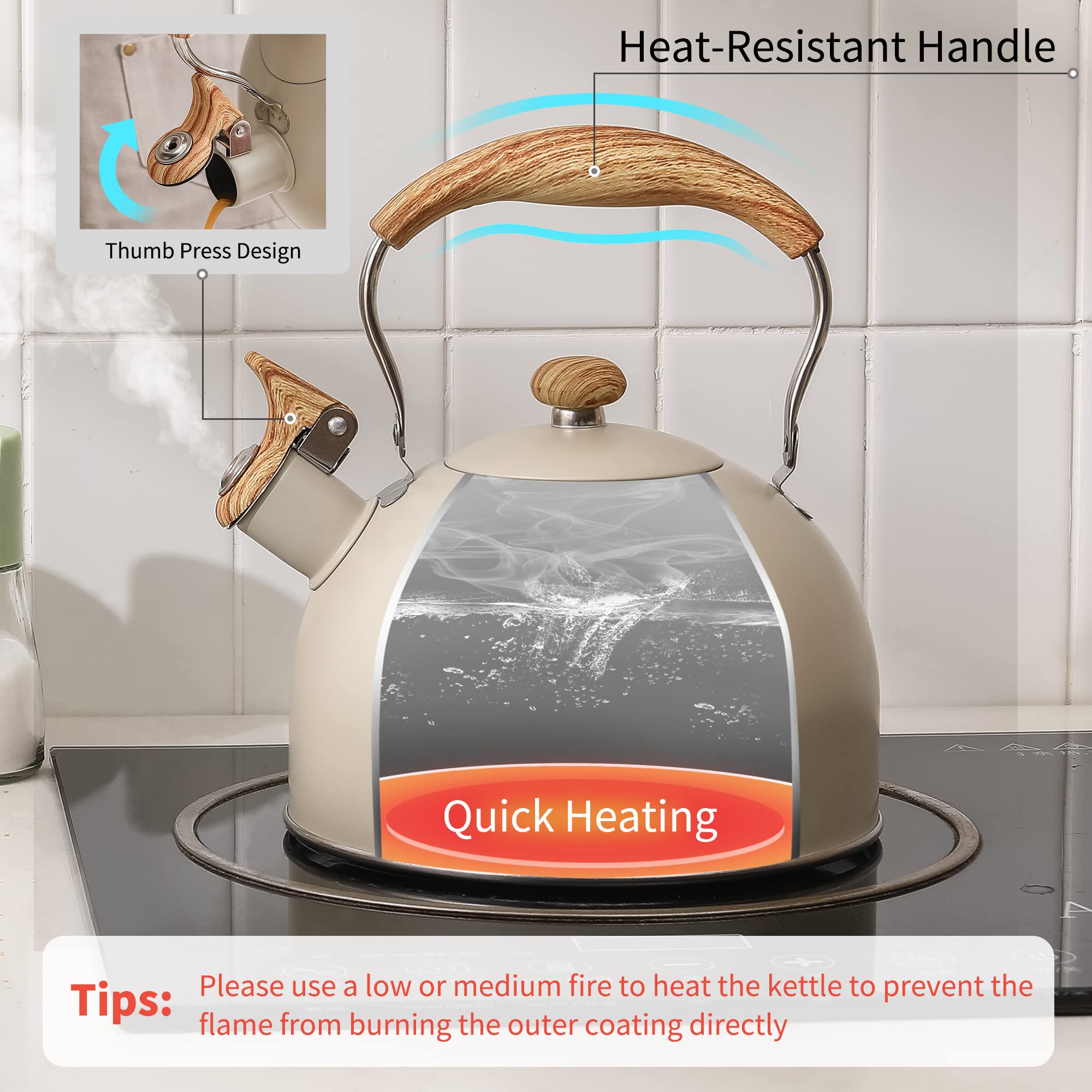 Stainless steel kettle with silicone-coated wooden handle