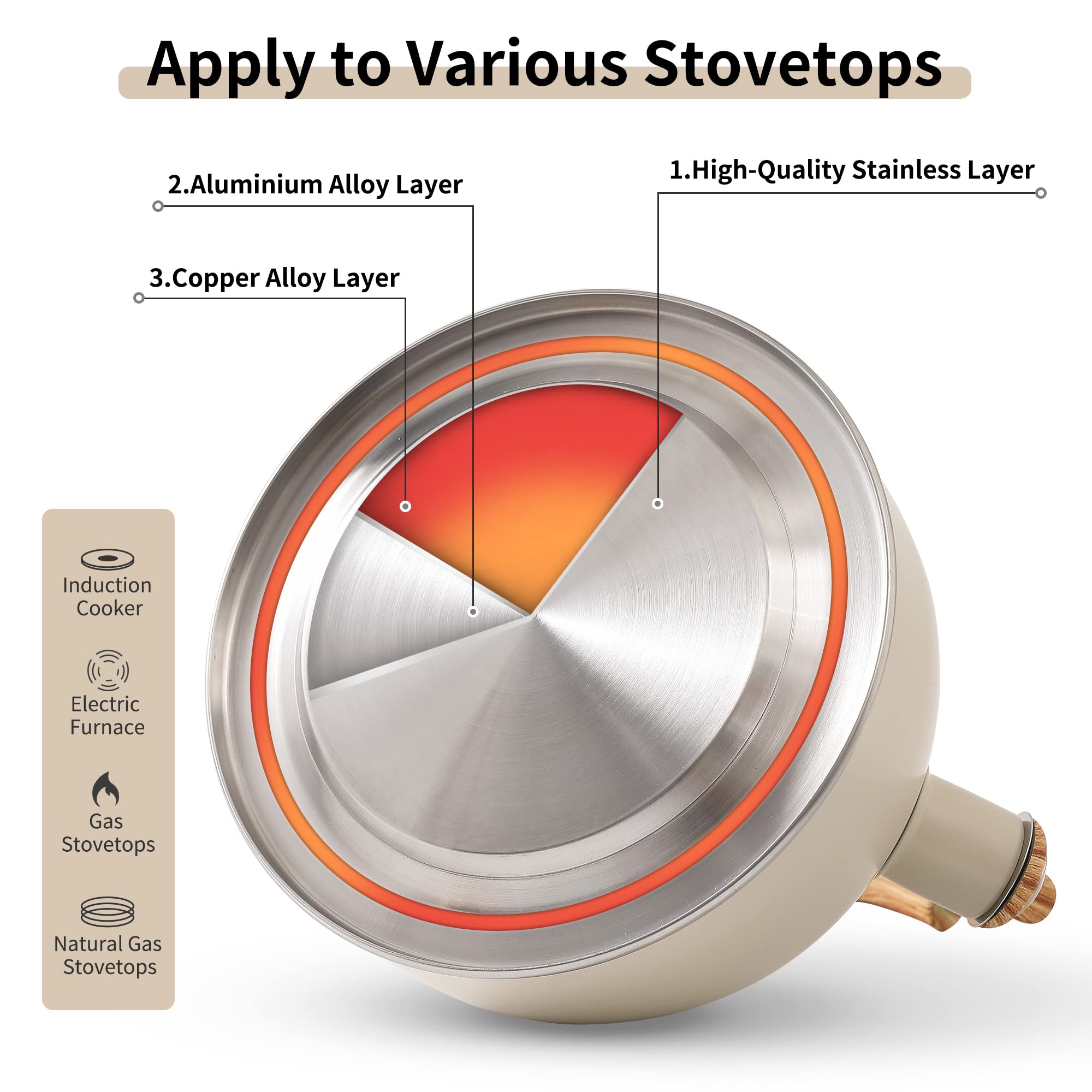 Induction electric and gas stovetop compatibility shown