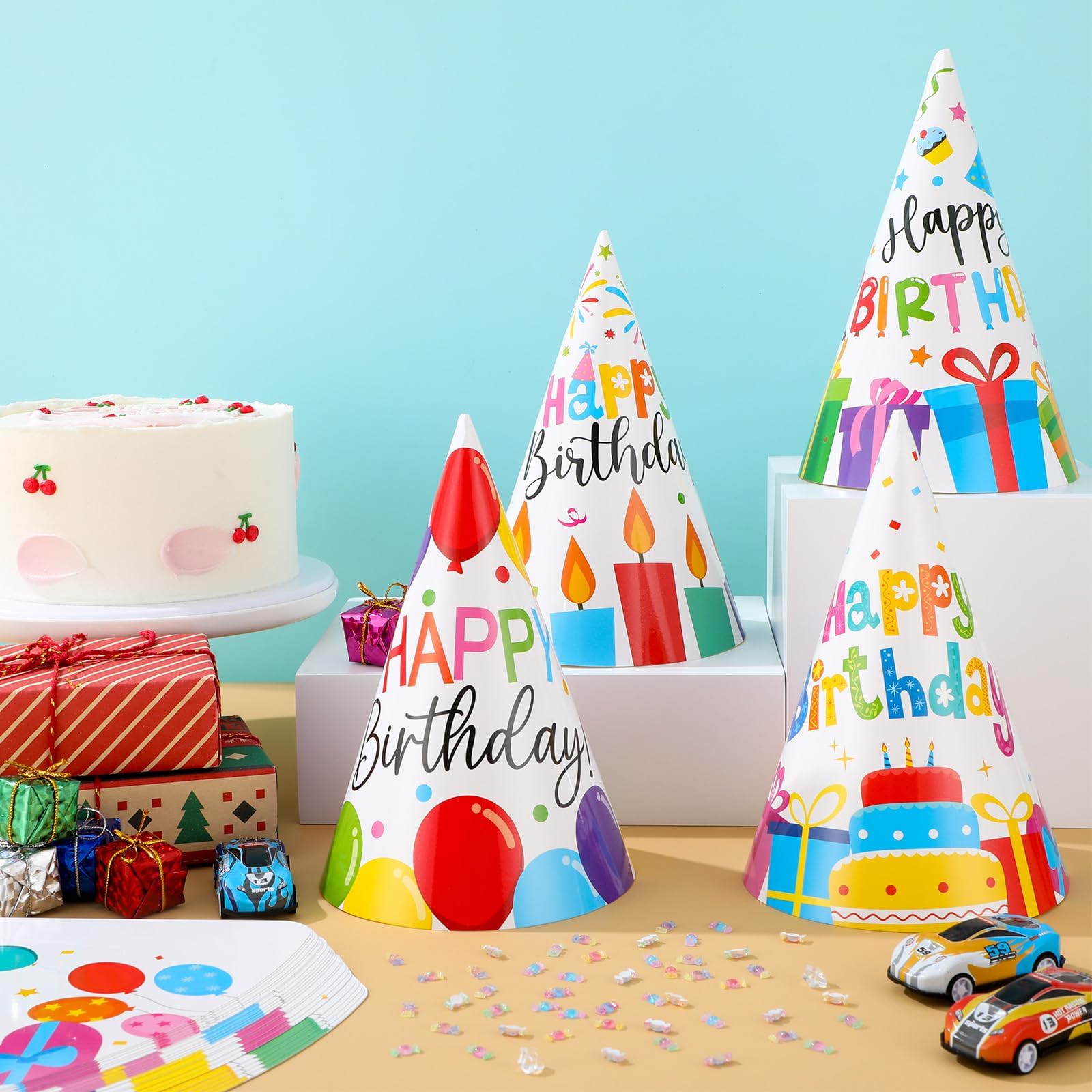Adults wearing Lonfliness birthday hats for celebrations