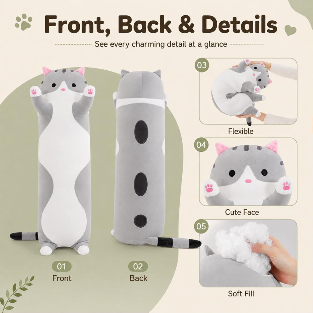 Long hug pillow cat gray for kids