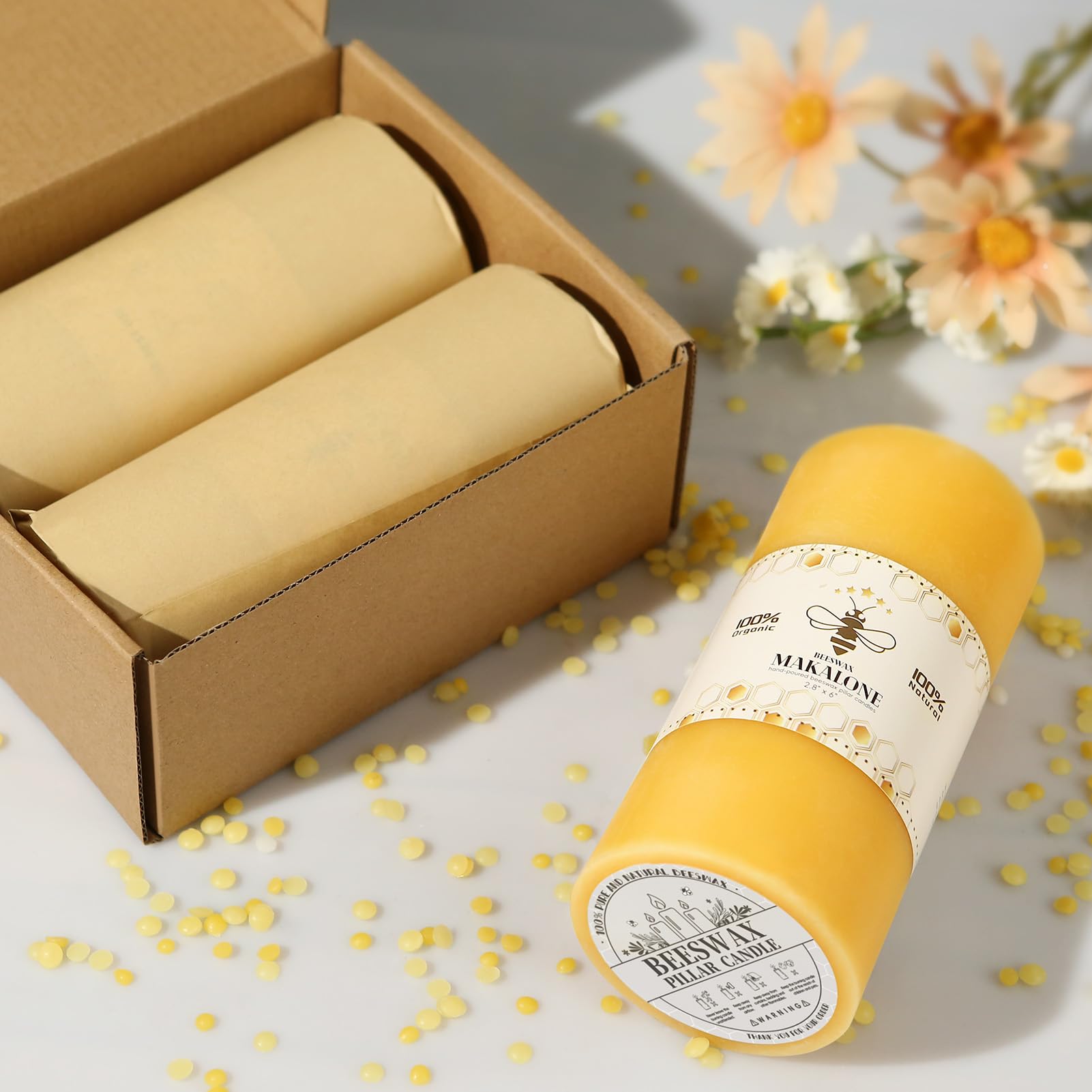 Long burn beeswax pillar candles per candle