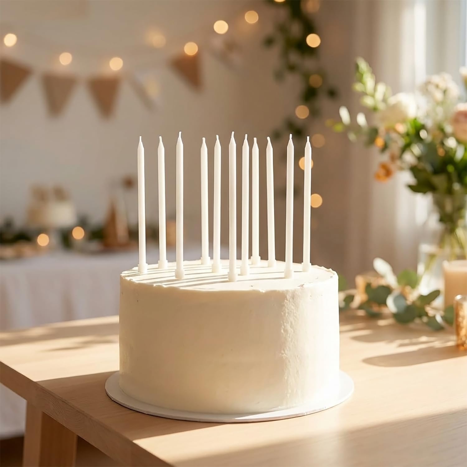 White birthday candles used on wedding cake
