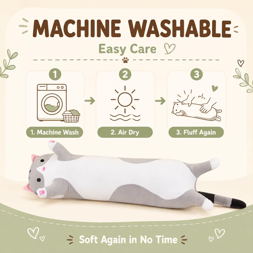 Soft cuddle cat plush long pillow gray 19in