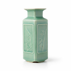 Long Quan Celadon square bud vase handmade ceramic sage green 5.5 inches tall