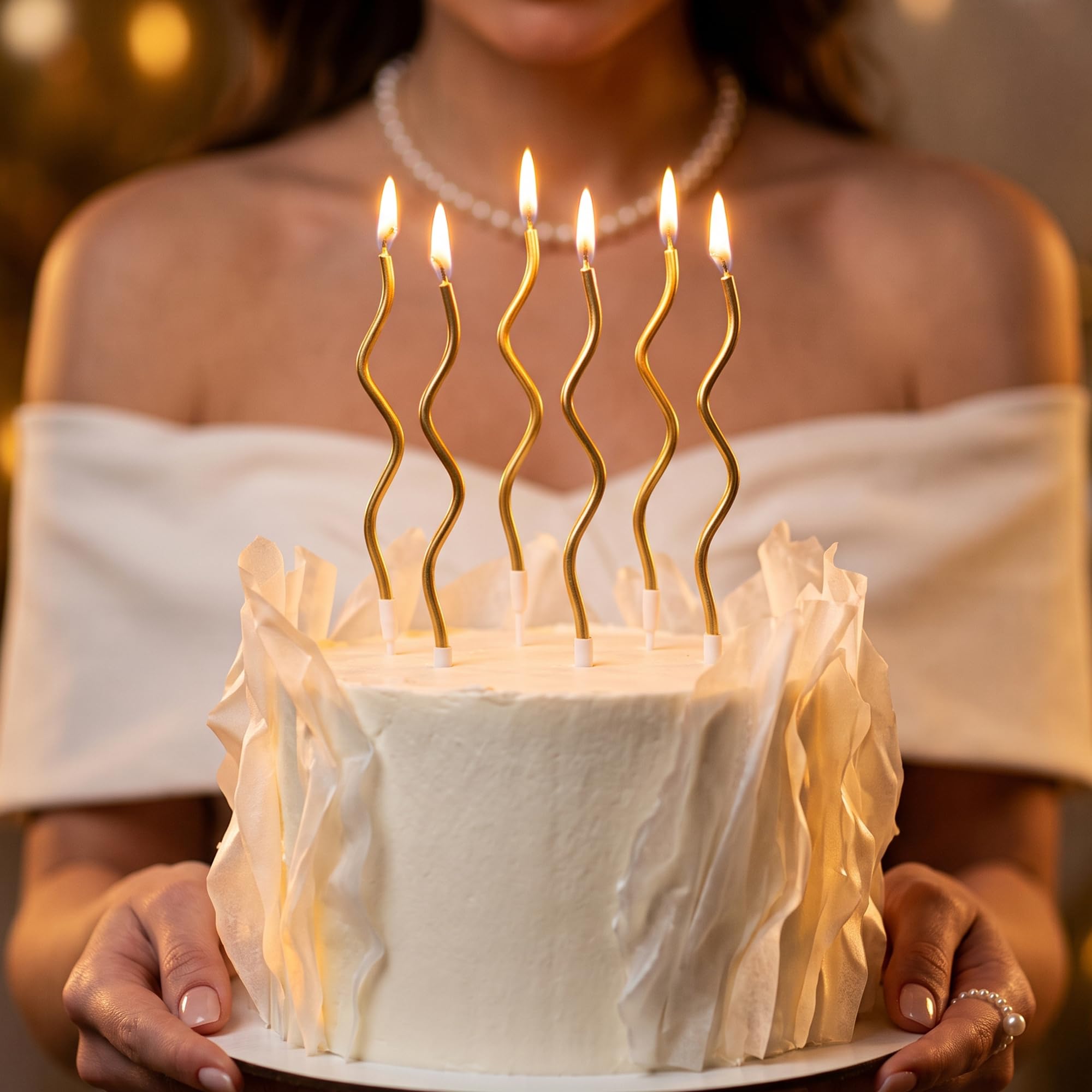 Long thin metallic spiral candles with holder