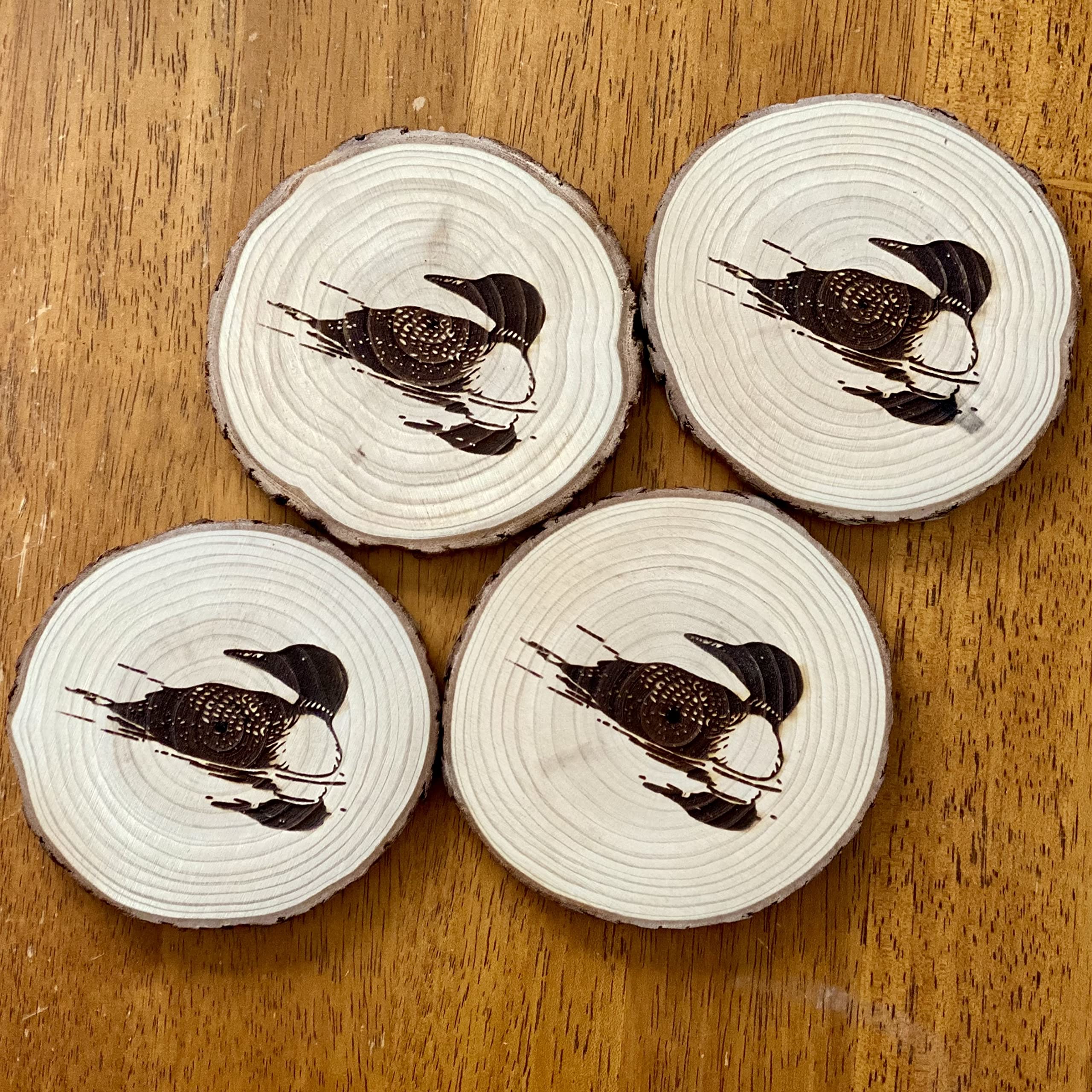 Set of 4 loons engraved on wood coasters for weddings and home decor