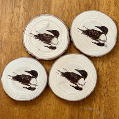 Set of 4 loons engraved on wood coasters for weddings and home decor