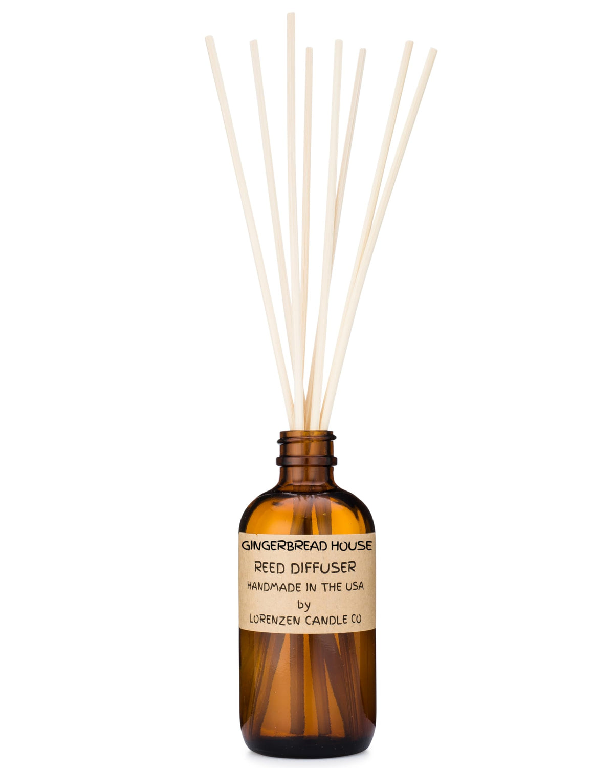 Lorenzen Candle Co Gingerbread House Reed Diffuser Set 3 oz oil in amber bottle and 8 reeds