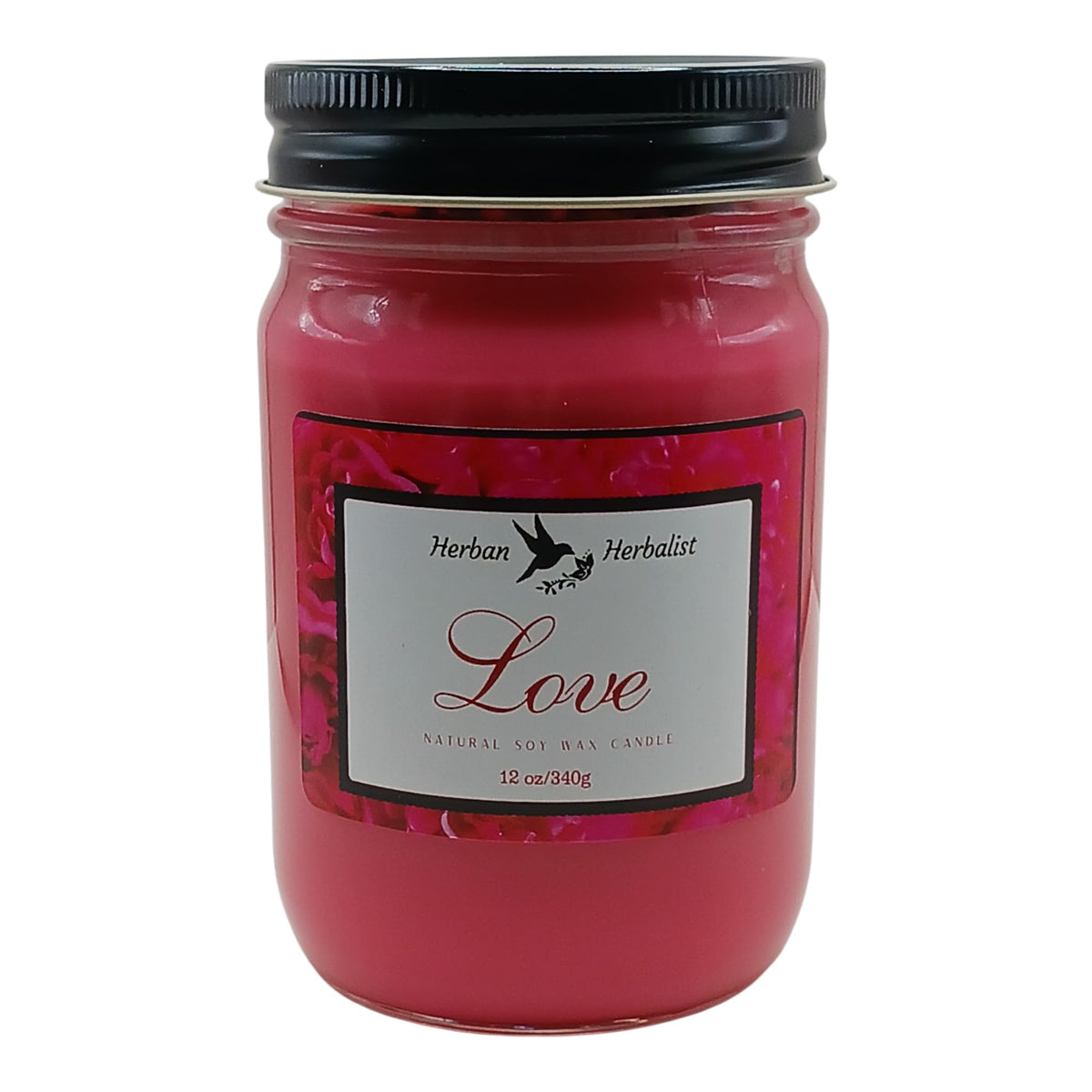 Love 12 oz Soy Wax Candle Rose Fragrance in glass jar by Herban Herbalist