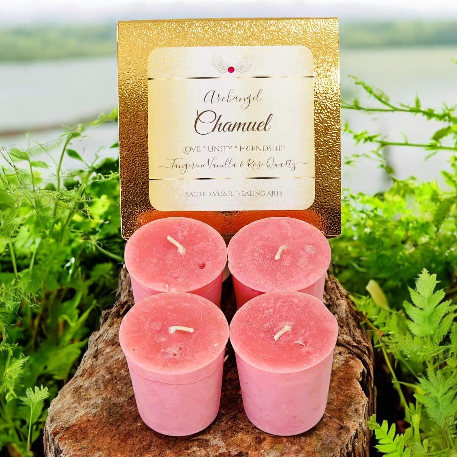 Love themed Archangel Chamuel votive candle set for relationships