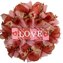Love Block Letters wreath with pink and red deco mesh and wood LOVE sign