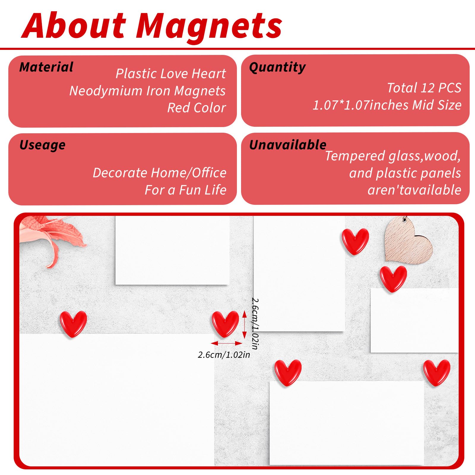 Set of 30 red heart refrigerator magnets