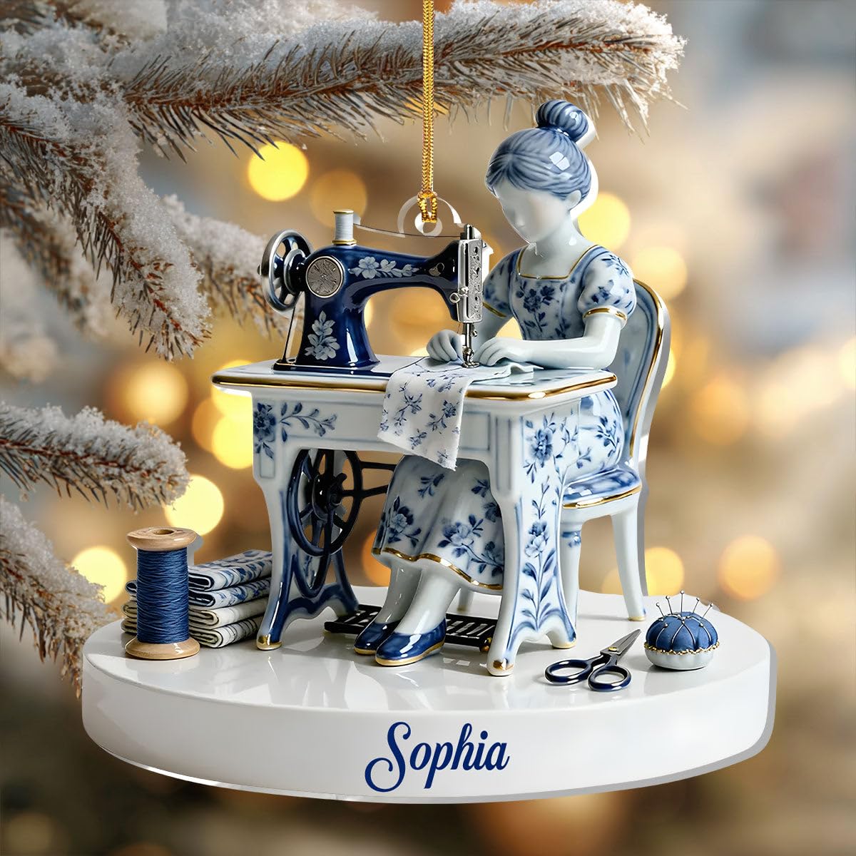 Crystal-clear finish on Love Sewing acrylic ornament highlighting artwork